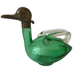 carafe à canard en verre d'art vert des années 1940 autrichiennes