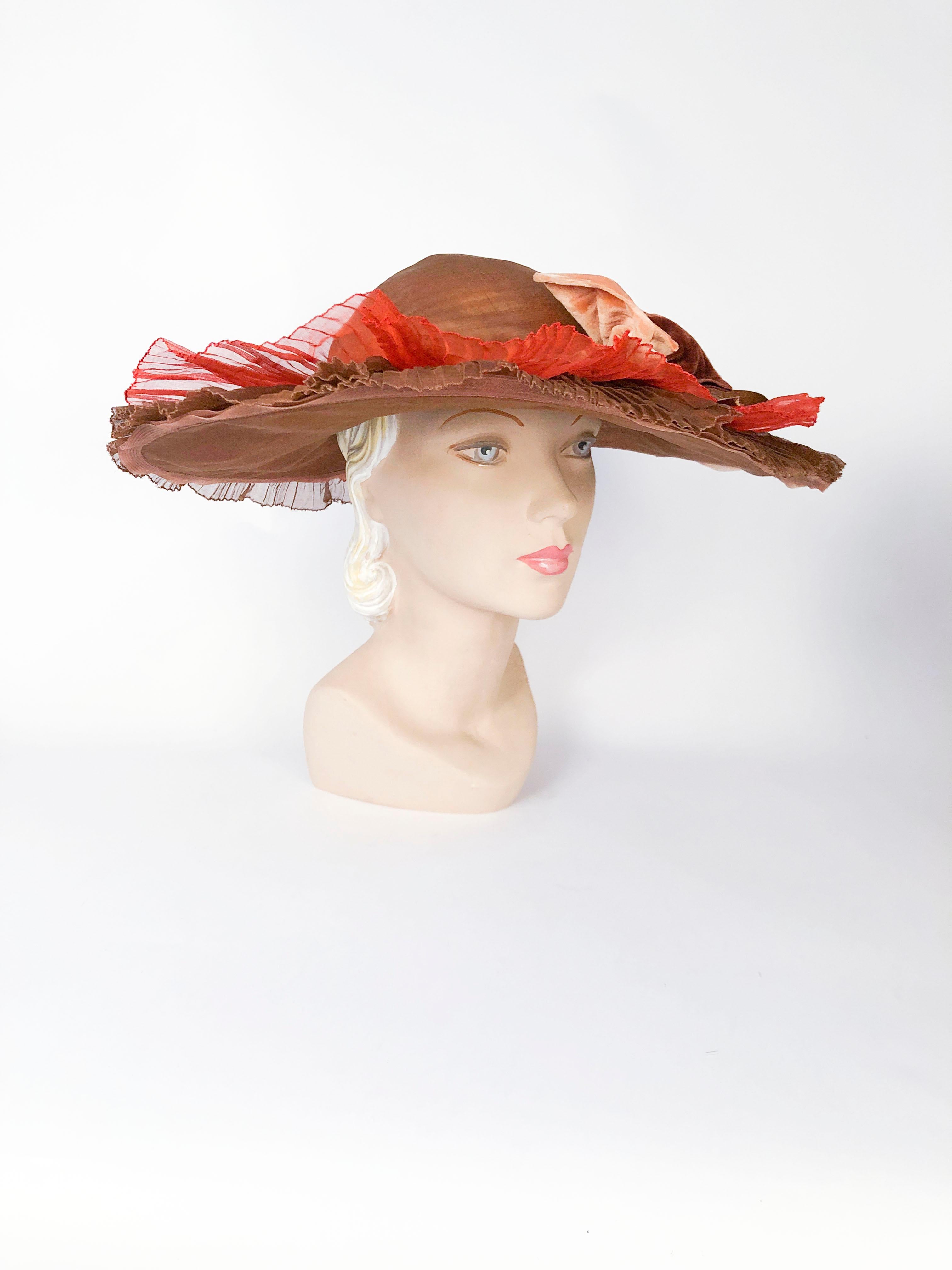 1930s/1940s Autumn-toned Horsehair Wide-Brimmed Hat with two pleated silk organza ruffles in orange and chestnut brown. Finished with a silk velvet band and an oversized multi-toned bow.