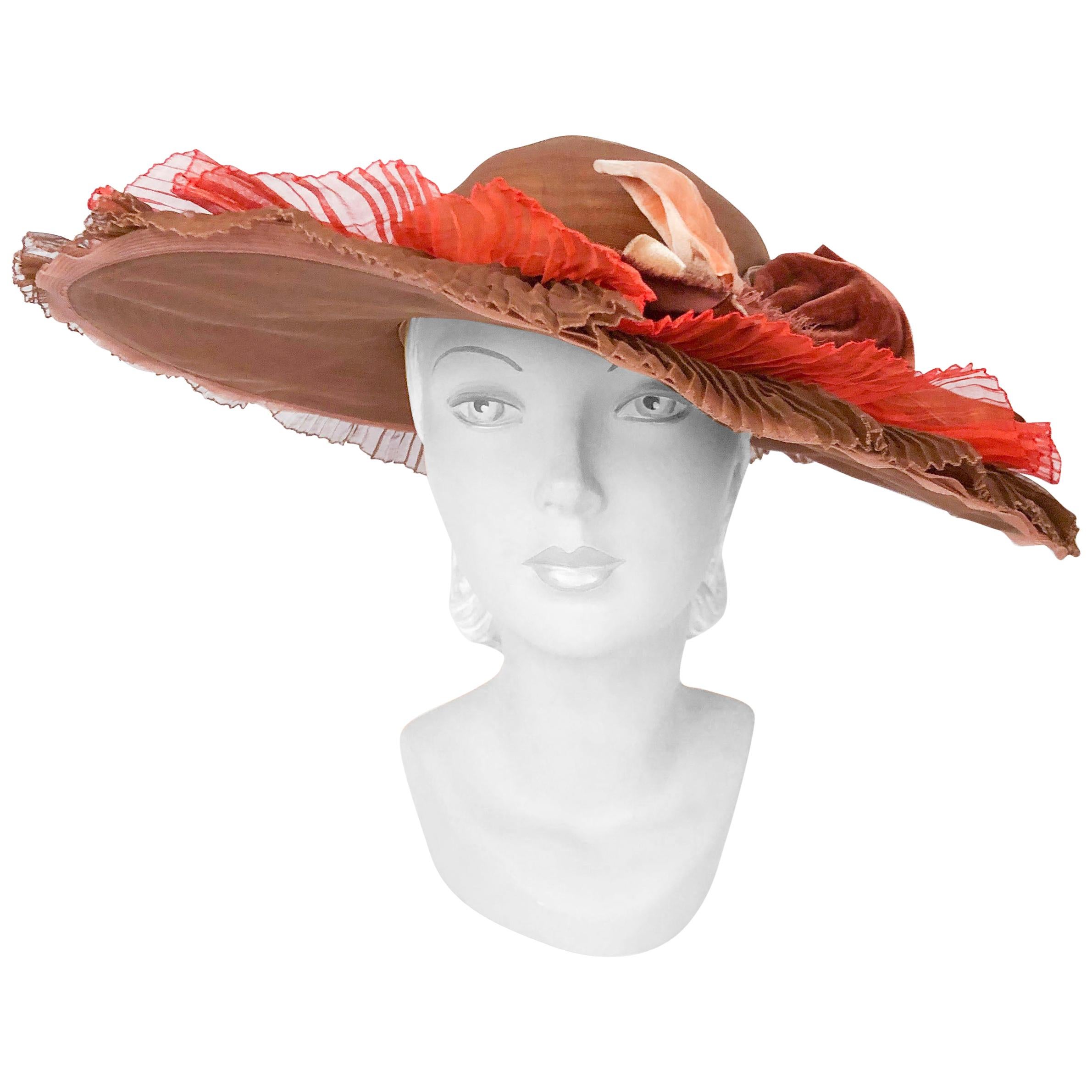 1940s Autumn-toned Horsehair Wide-Brimmed Hat