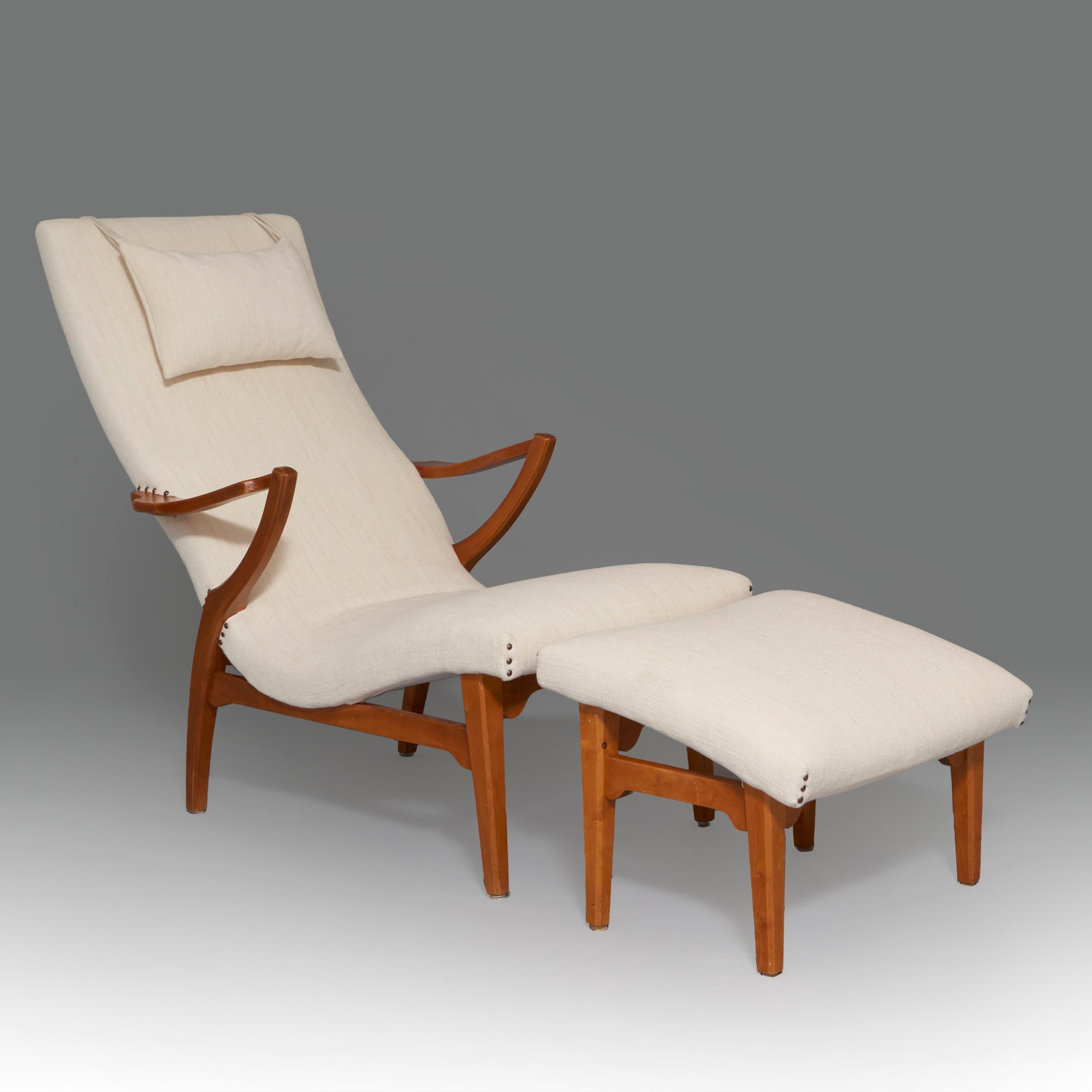 Armchair and ottoman designed by Axel Larsson in upholstery and hard wood. Sweden, 1940’s

Axel Larsson was a Swedish interior and furniture designer who worked for Svenska Möbelfabrikerna, Bodafors (SMF) for the main part of his career. Several