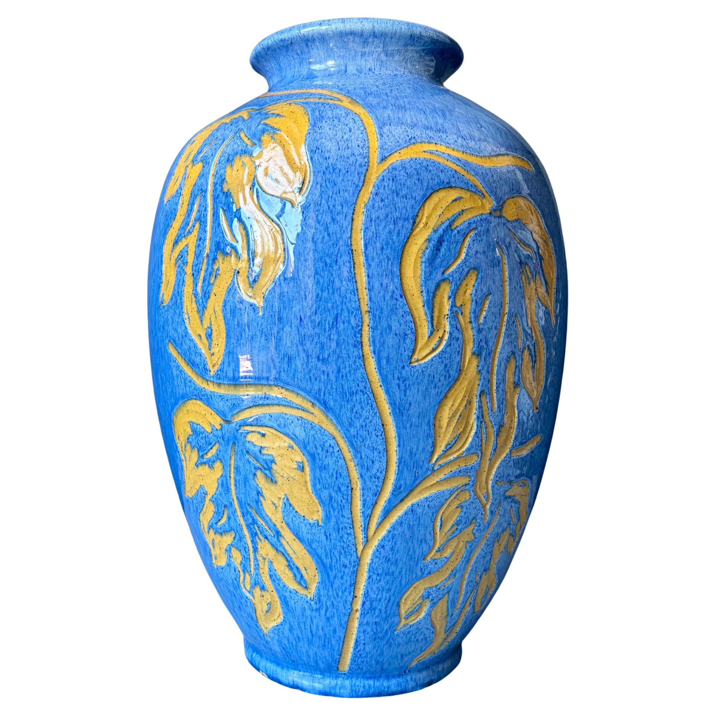 Vaso da terra XL 1940 azzurro Art Nouveau di Carl Viggo Larsen, Danimarca in vendita