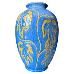 Antique XL 1940s Azure Blue Art Nouveau Floor Vase by Carl Viggo Larsen, Denmark