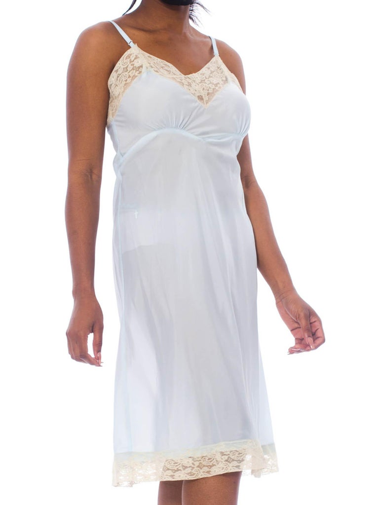 1940S Baby Blue Bias Cut Nylon Slip Dress With Cream Lace Trim For Sale