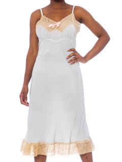 1940S Baby Blue Bias Cut Rayon Crepe De Chine Slip Dress With Lace Trim