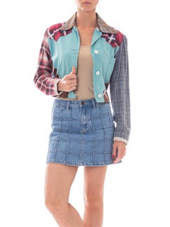 1940S Baby Blue Patchwork Cotton Plaid WWII Utility Workwear Shirt Jacket