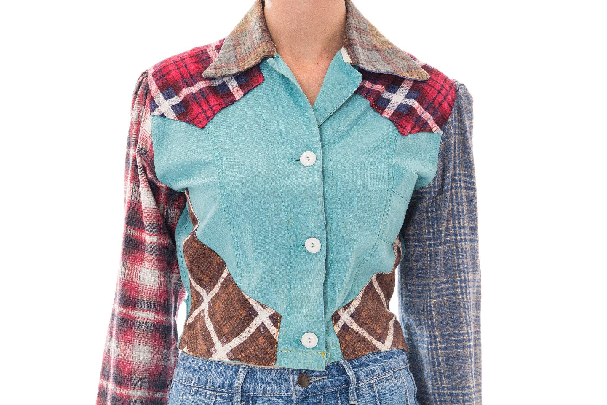 1940S Baby Blue Patchwork Cotton Plaid WWII Utility Workwear Shirt Jacket 2