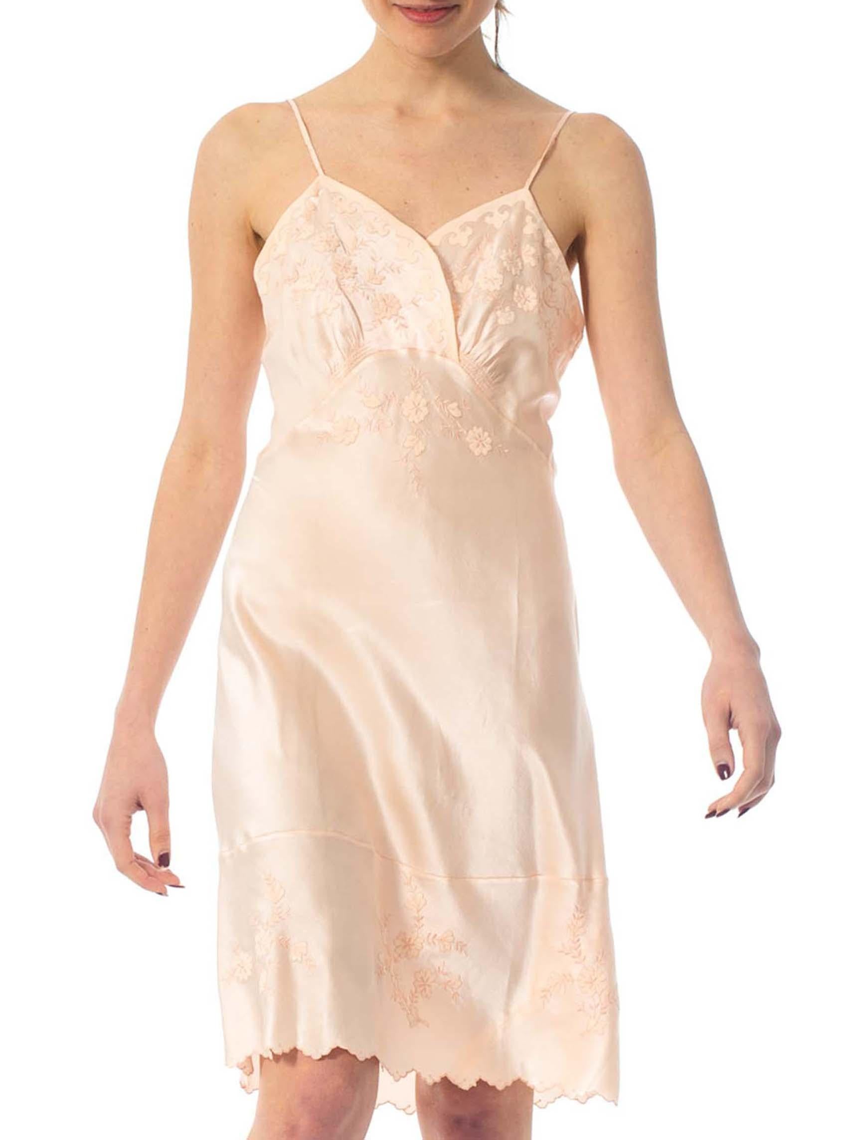 1940S Baby Pink Hand Embroidered Silk Charmeuse Bias Cut Slip Dress From Paris 5