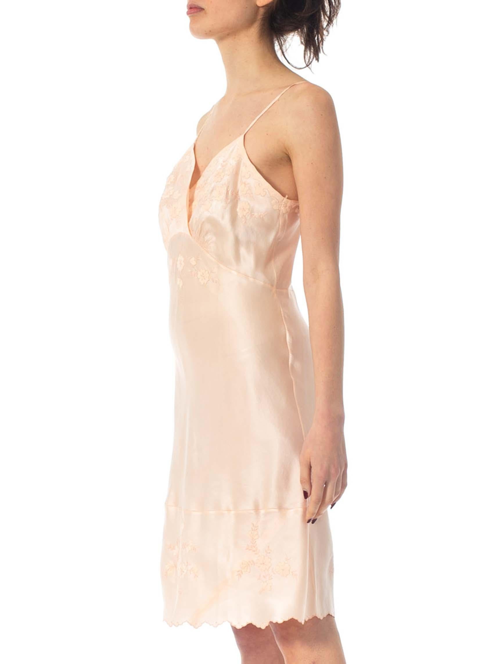 1940S Baby Pink Hand Embroidered Silk Charmeuse Bias Cut Slip Dress From Paris In Excellent Condition In New York, NY
