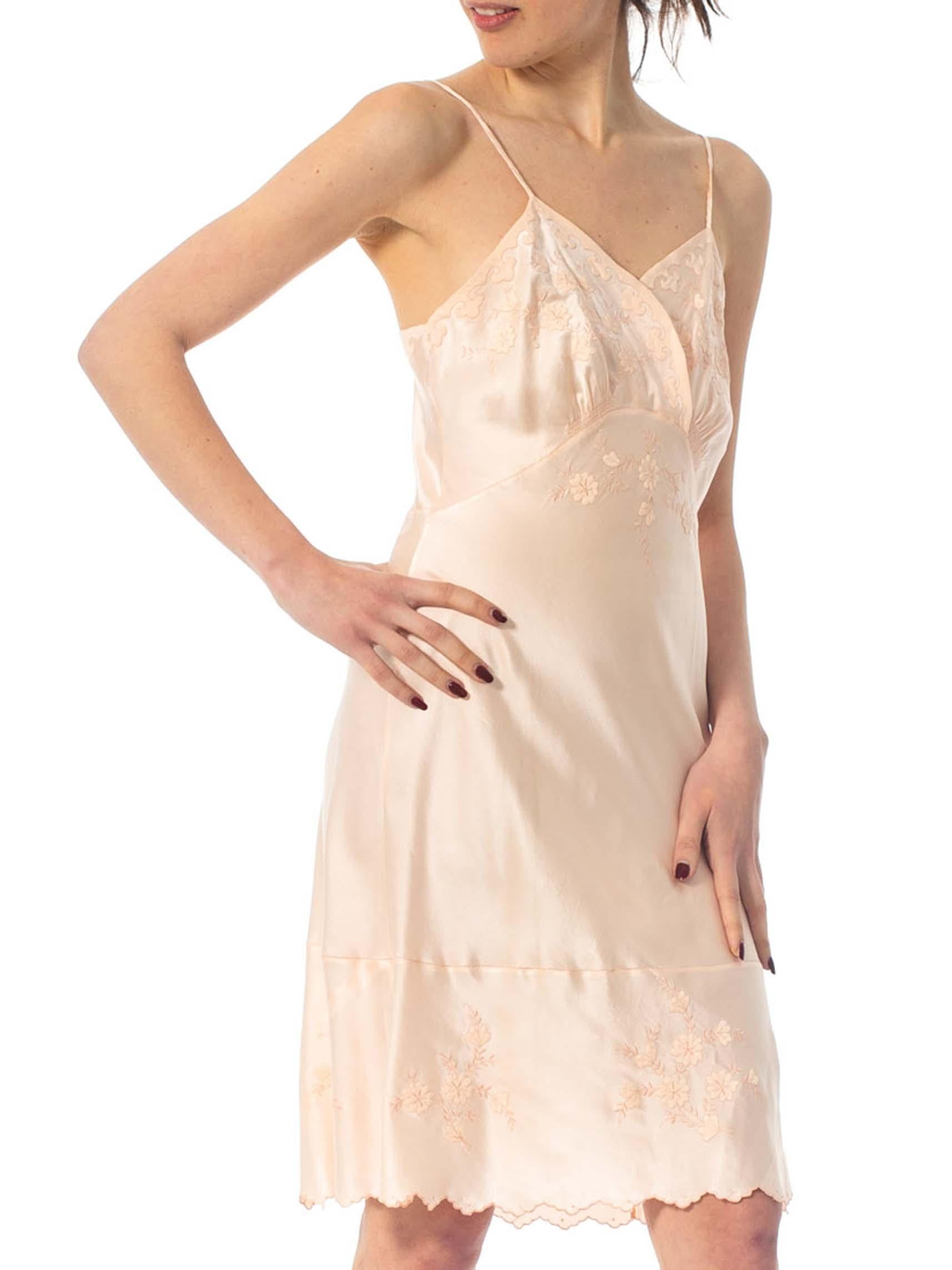 1940S Baby Pink Hand Embroidered Silk Charmeuse Bias Cut Slip Dress From Paris 3