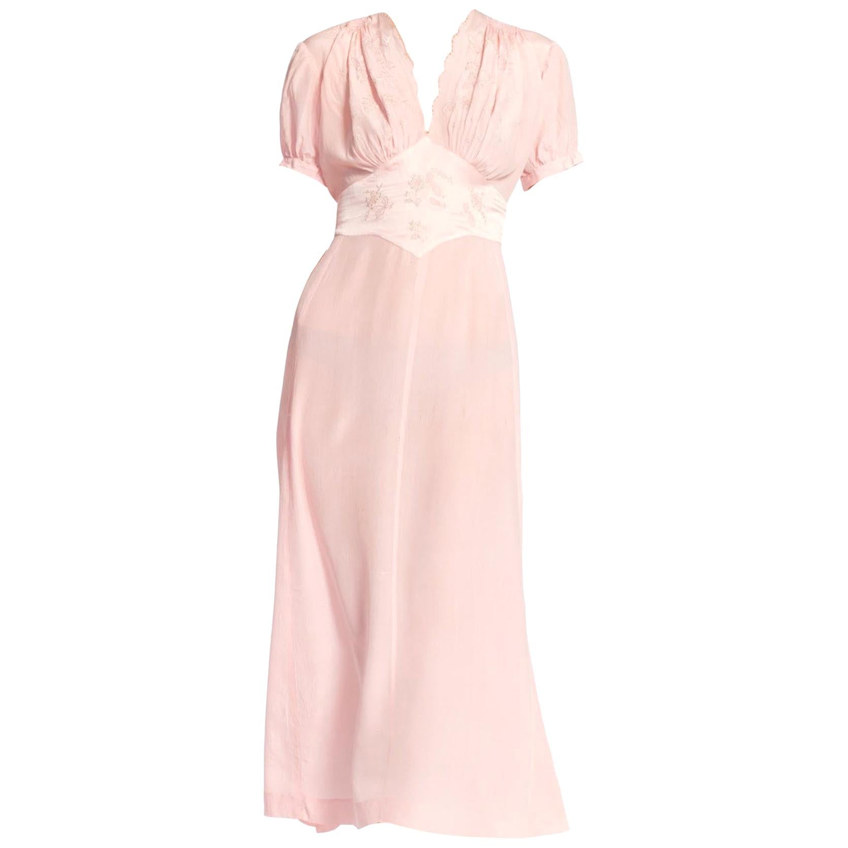1940s Baby Pink Silk Hand Embroidered Negligee Slip Dress With Adjustable Waist 