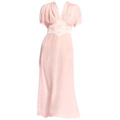 1940s Baby Pink Silk Hand Embroidered Negligee Slip Dress With Adjustable Waist 