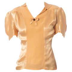 1940S Baby Pink Silk Satin  & Crepe Short Sleeve Bow Front Blouse