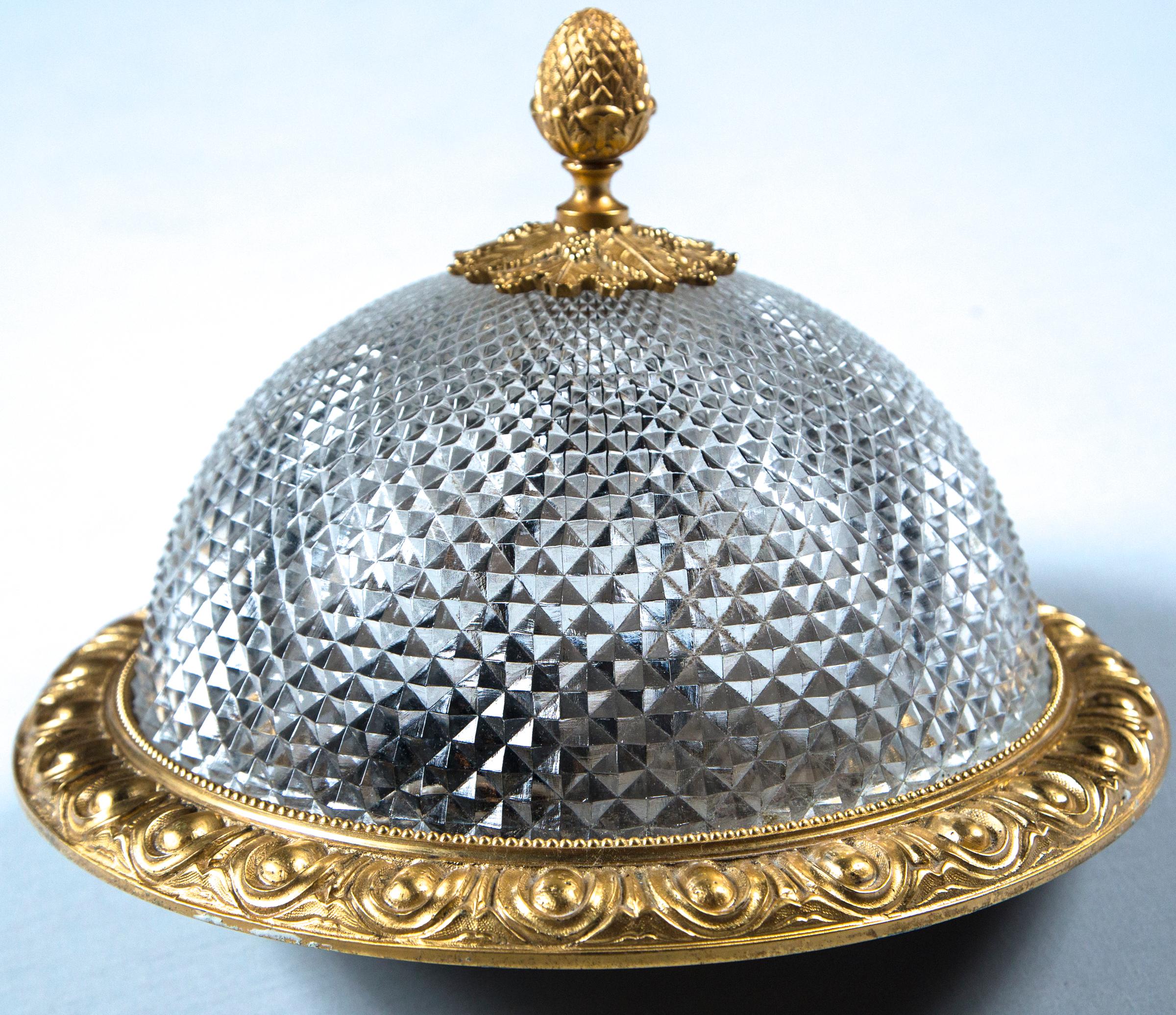 1940s Baccarat diamond cut brilliant crystal ceiling fixture with gilt gold Ormolu bronze mounts and original acorn finial. Measuring 12.5 inches diameter and 8