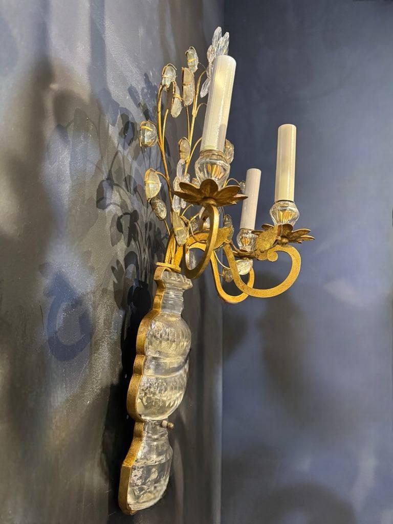 1940’s  Bagues Gilt Metal and Crystals Large Sconces with 3 Lights For Sale 4