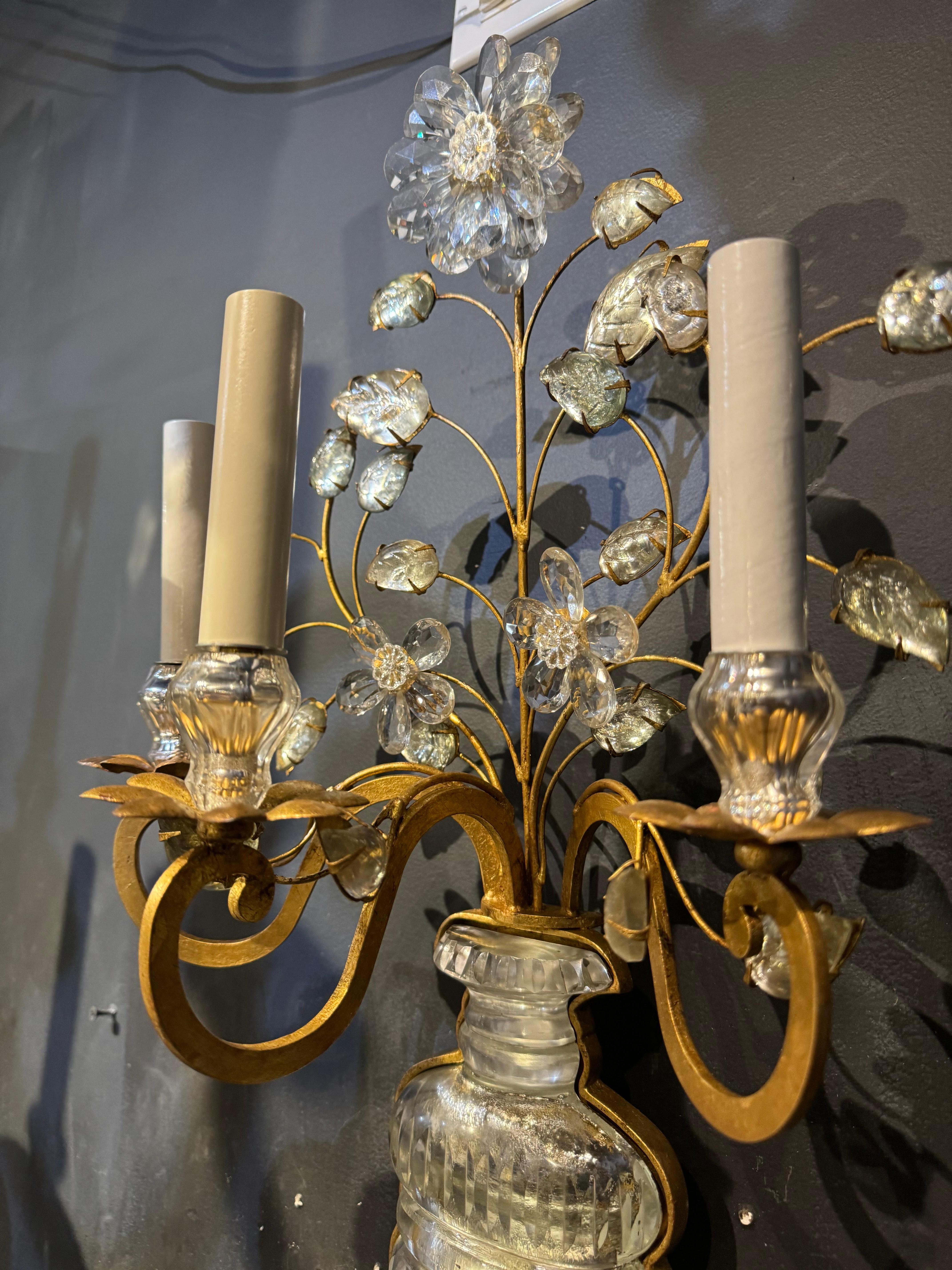 French 1940’s  Bagues Gilt Metal and Crystals Large Sconces with 3 Lights For Sale