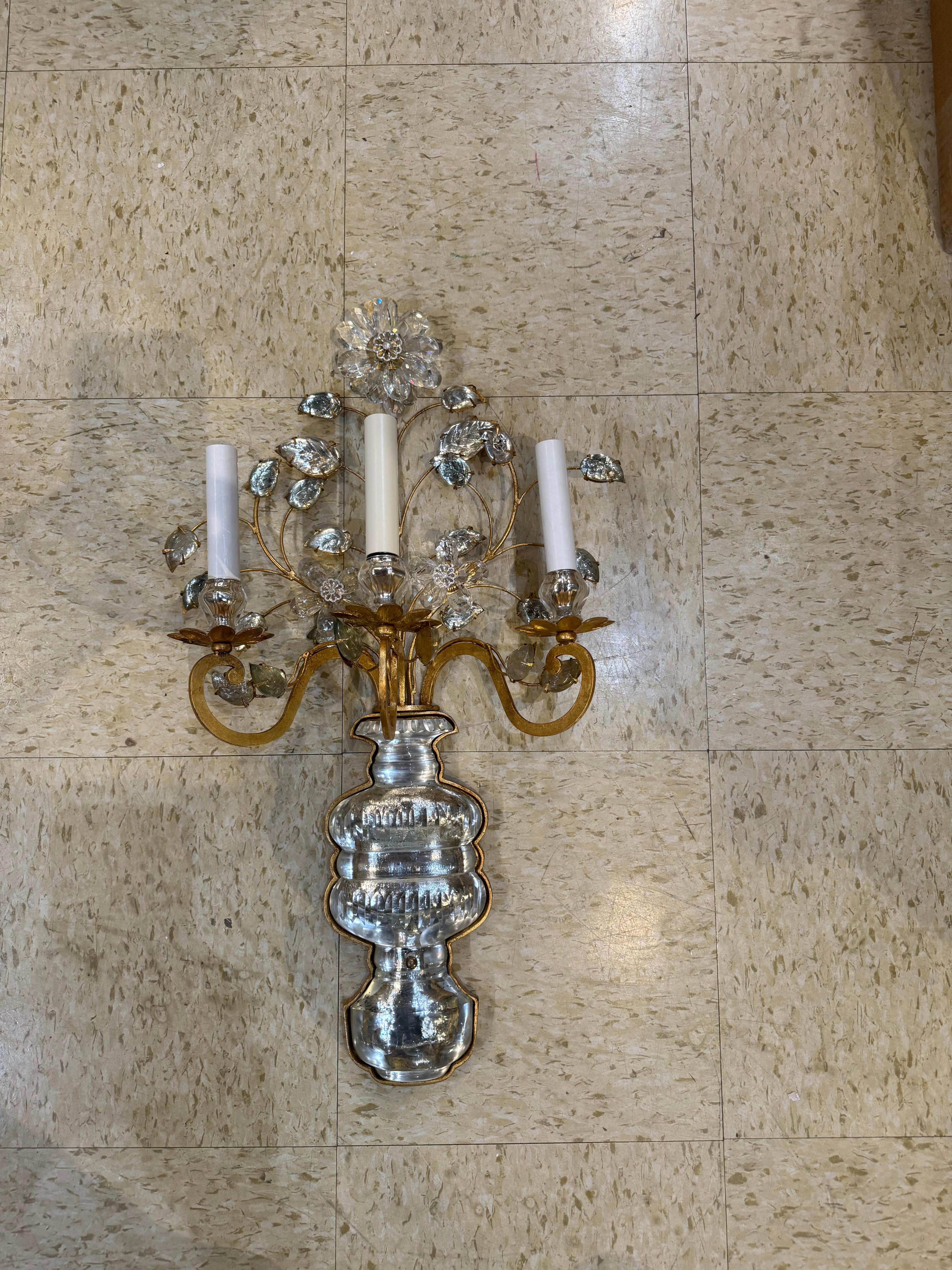 1940’s  Bagues Gilt Metal and Crystals Large Sconces with 3 Lights For Sale 2
