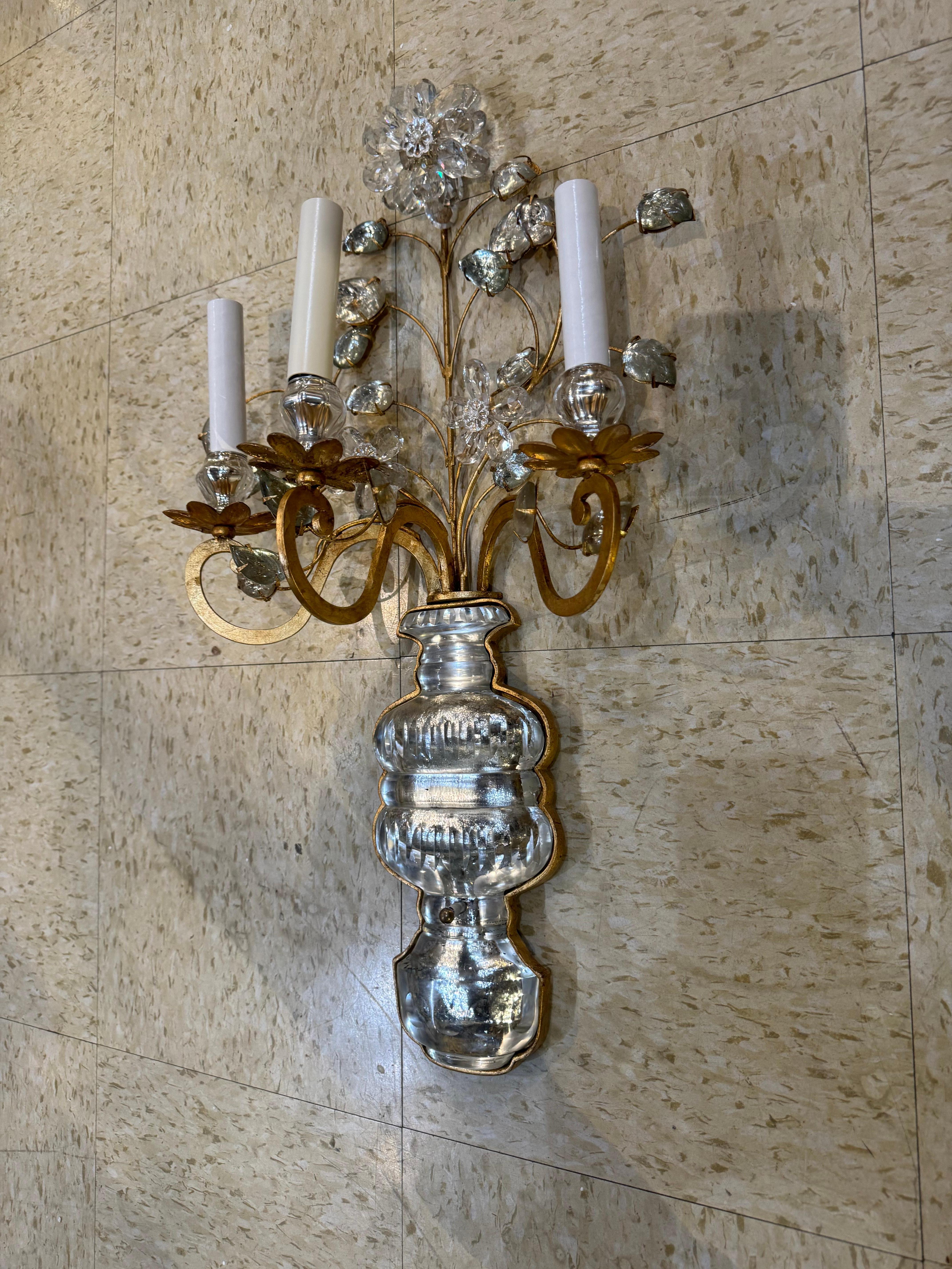 1940’s  Bagues Gilt Metal and Crystals Large Sconces with 3 Lights For Sale 3