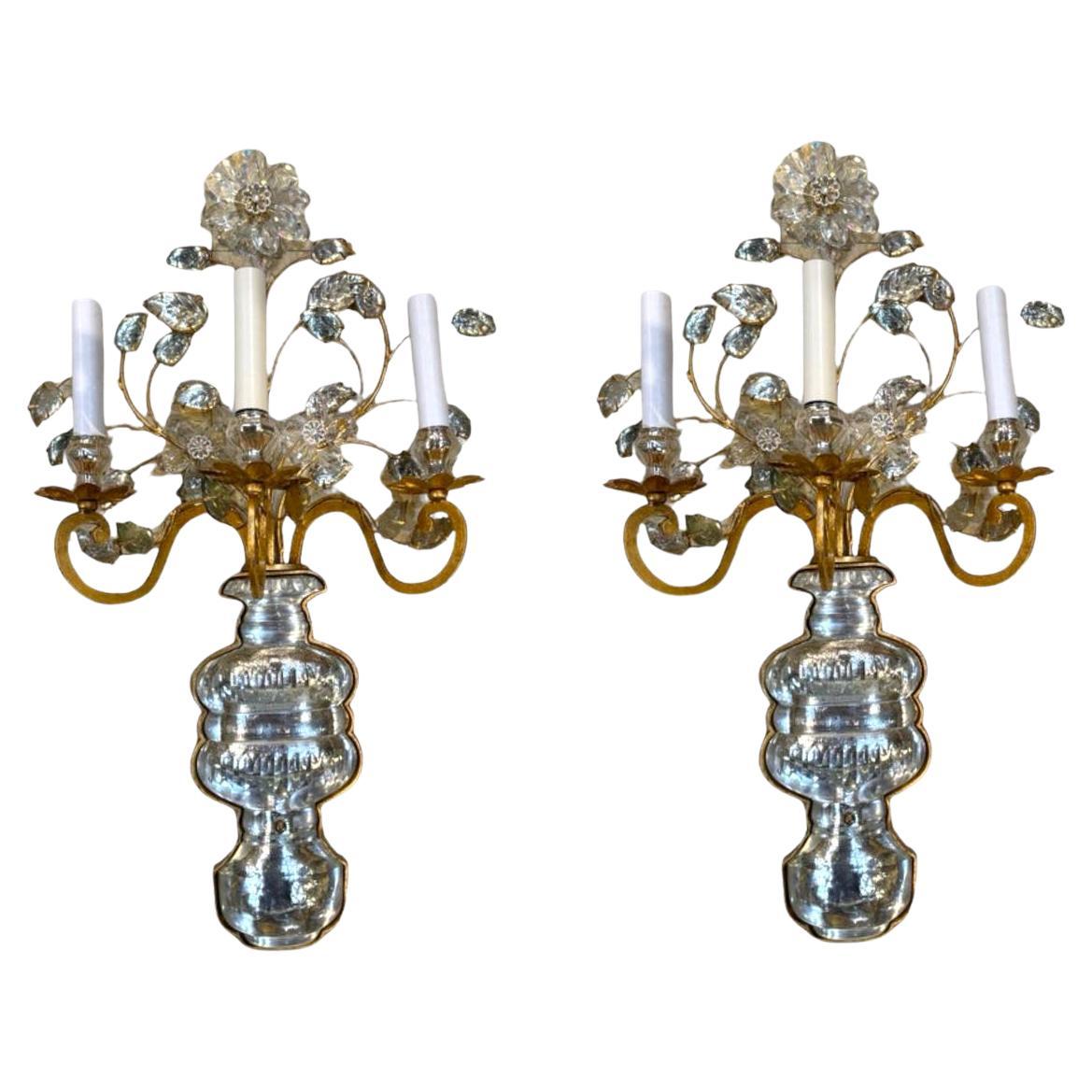 1940’s  Bagues Gilt Metal and Crystals Large Sconces with 3 Lights For Sale