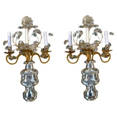 Vintage 1940’s  Bagues Gilt Metal and Crystals Large Sconces with 3 Lights