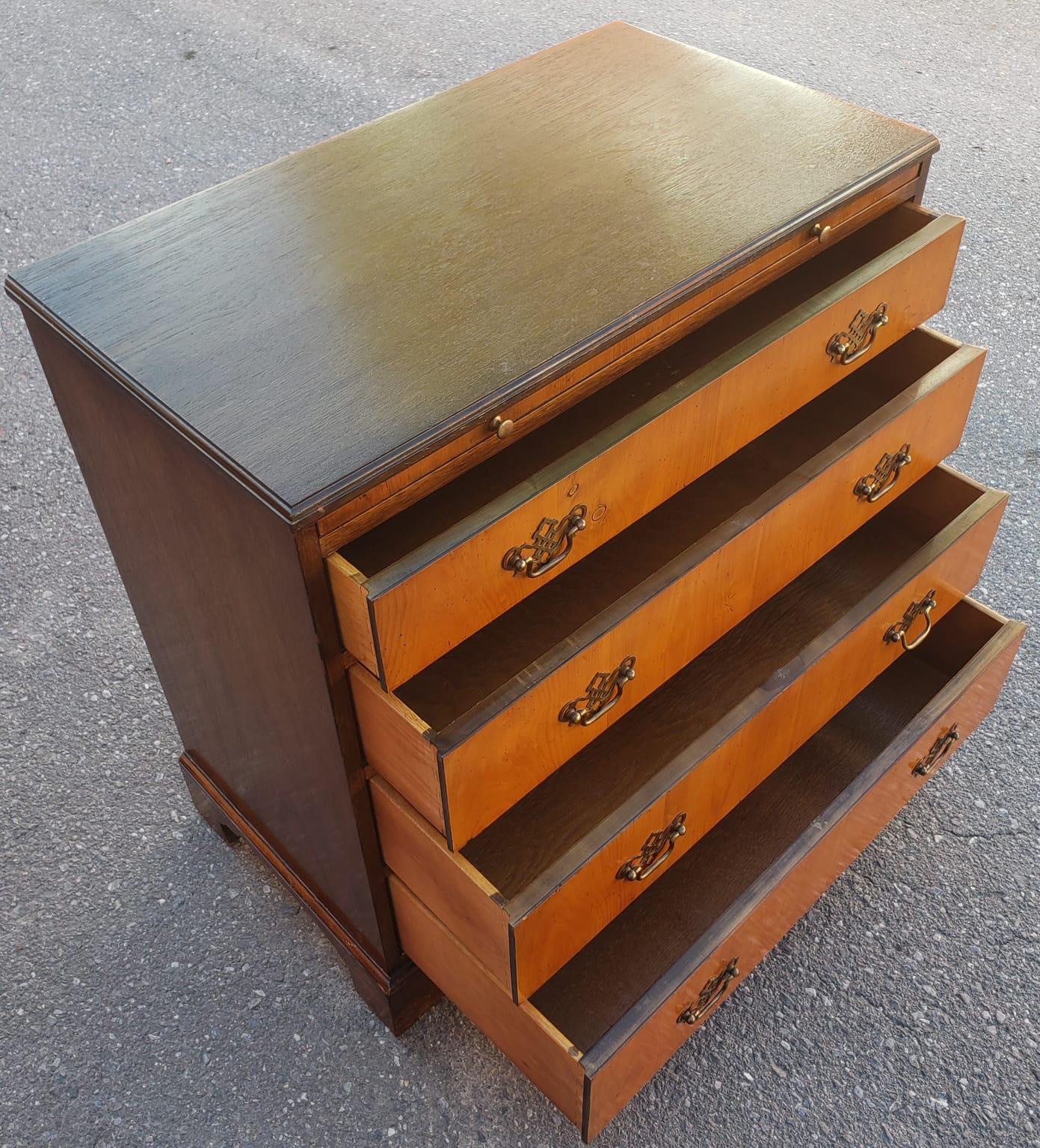 Neoclassical 1940s Baker Furniture Satinwood and Walnut Chest with Pull Out Tray For Sale