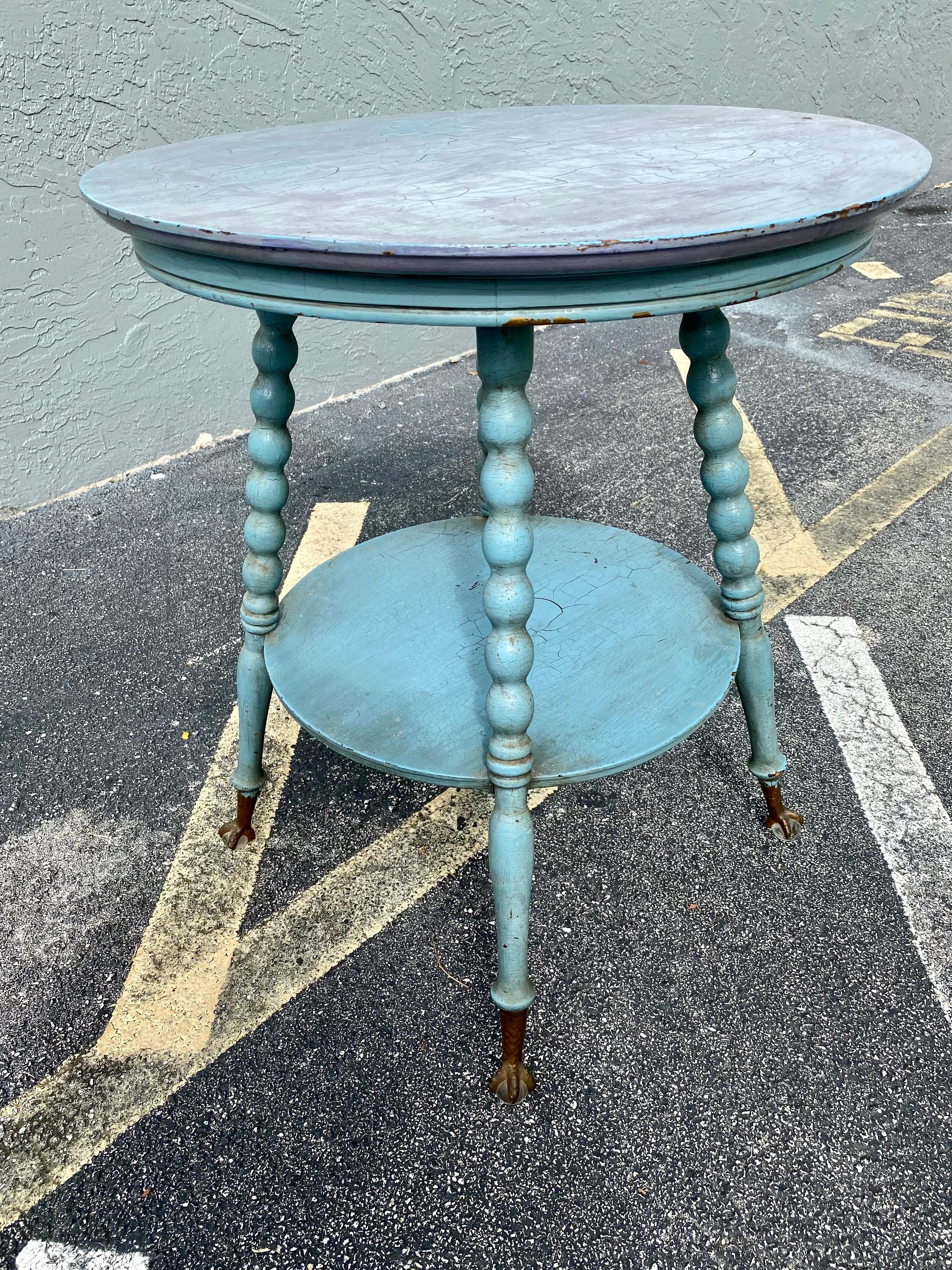 English 1940s Ball and Claw Round Wood Turquoise Table For Sale