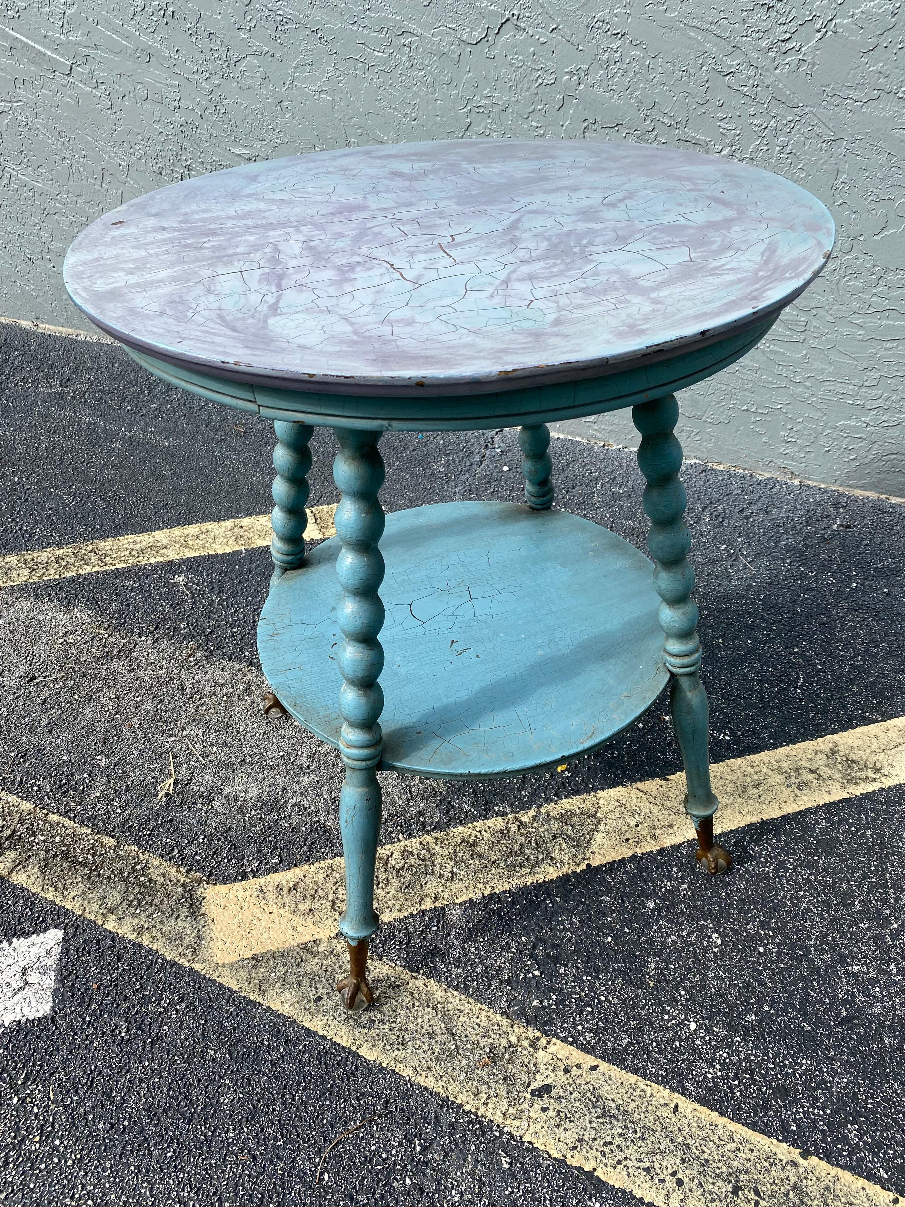 English 1940s Ball and Claw Round Wood Turquoise Table For Sale