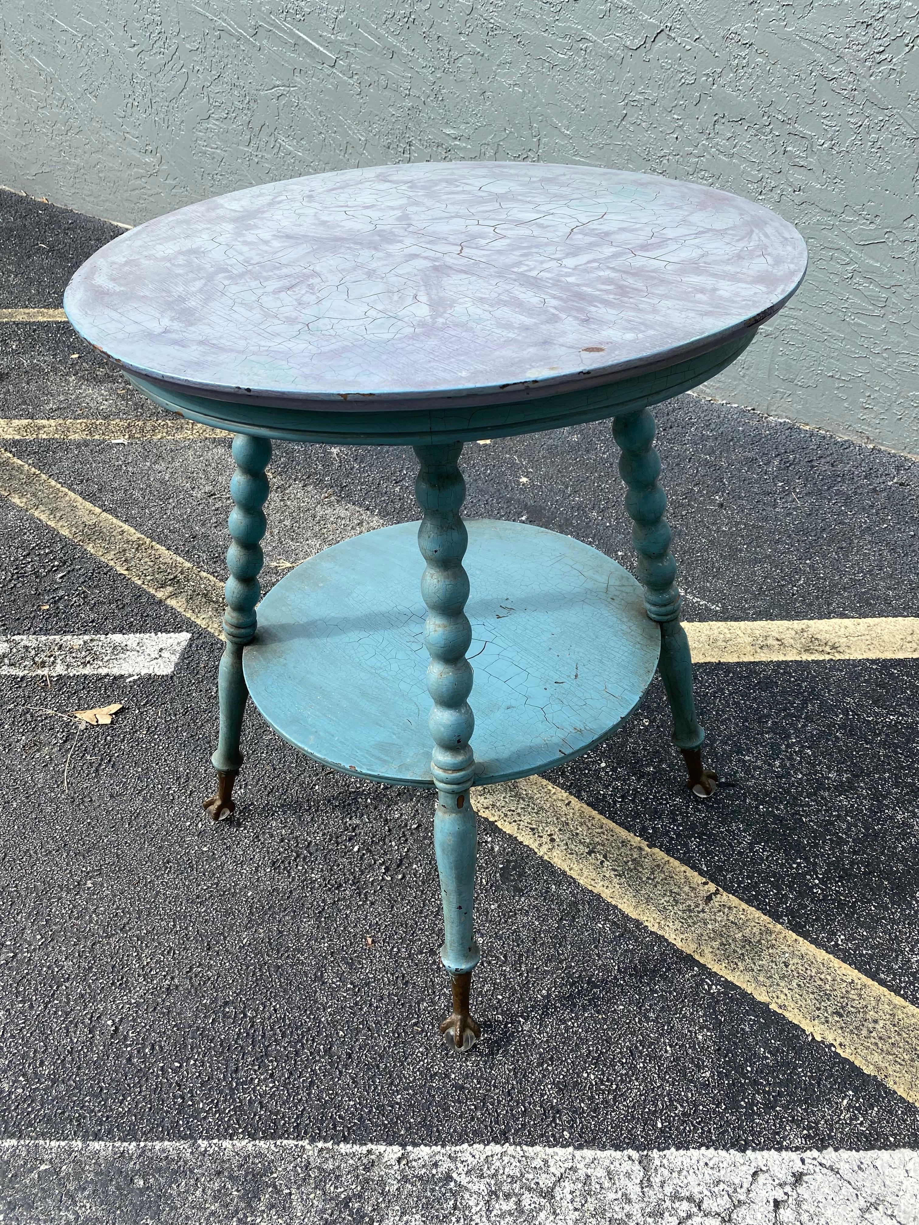 1940s Ball and Claw Round Wood Turquoise Table In Good Condition For Sale In Fort Lauderdale, FL