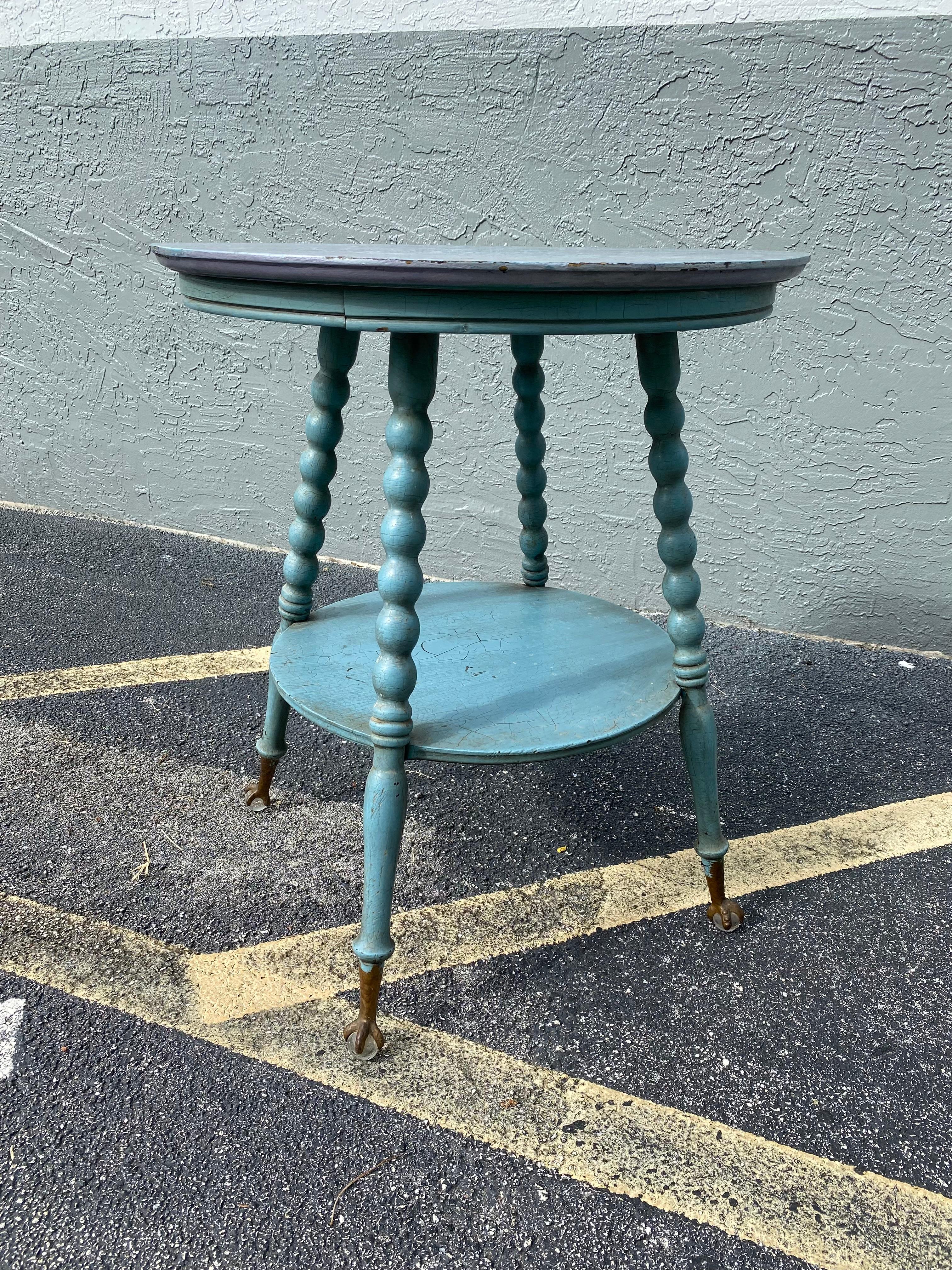 Brass 1940s Ball and Claw Round Wood Turquoise Table For Sale