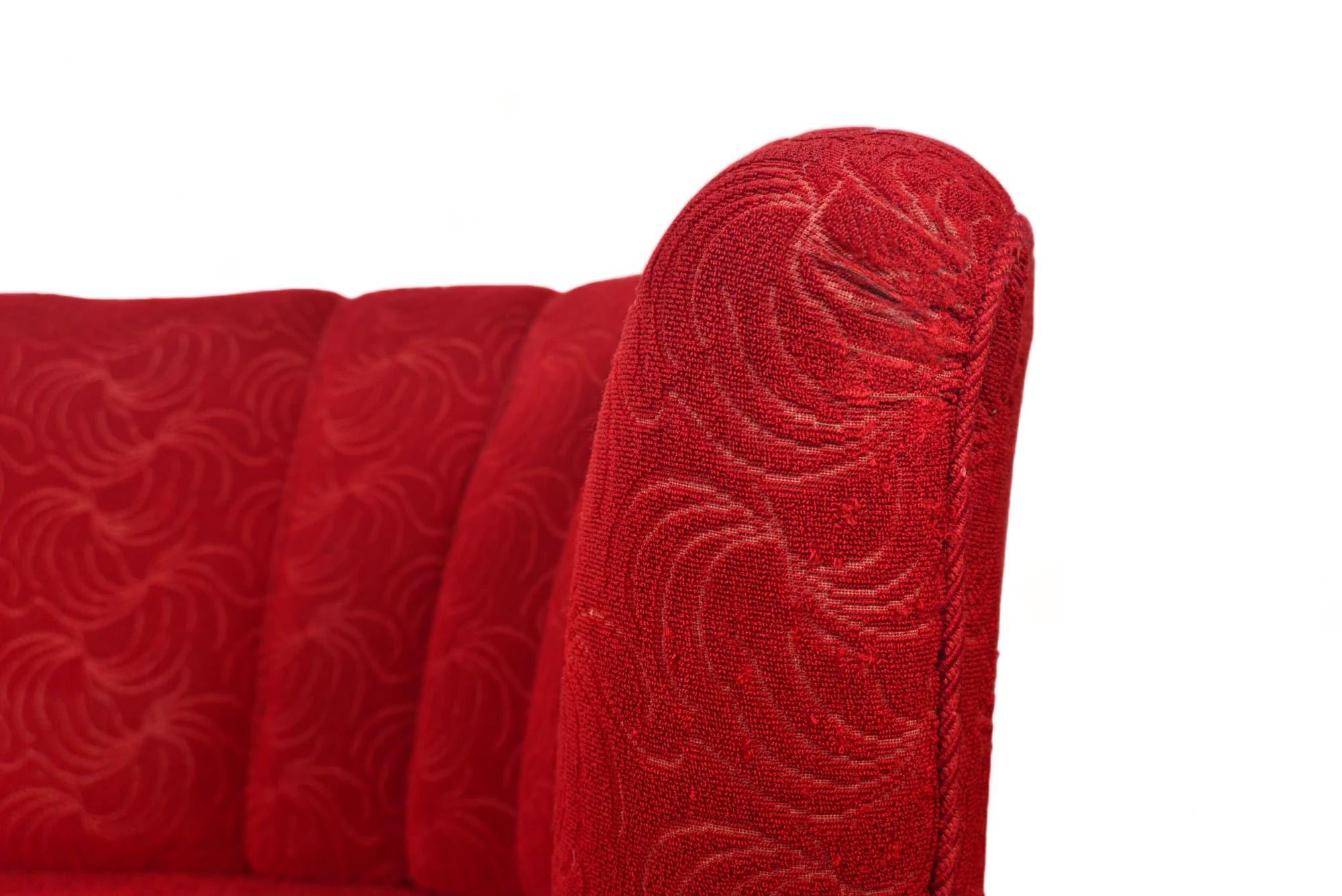 Mid-Century Modern 1940s Banana Sofa In Crimson Brocade Fabric For Sale