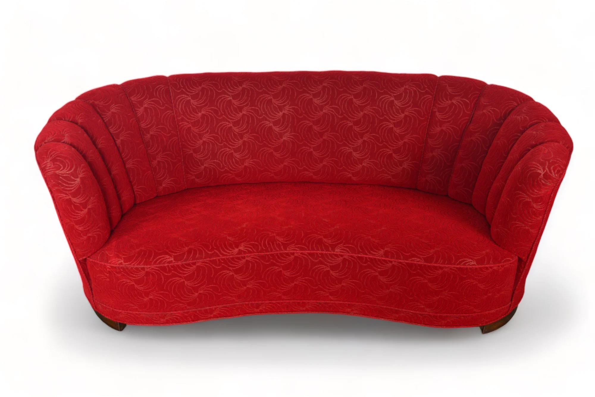 Mid-Century Modern 1940s Banana Sofa In Crimson Brocade Fabric For Sale