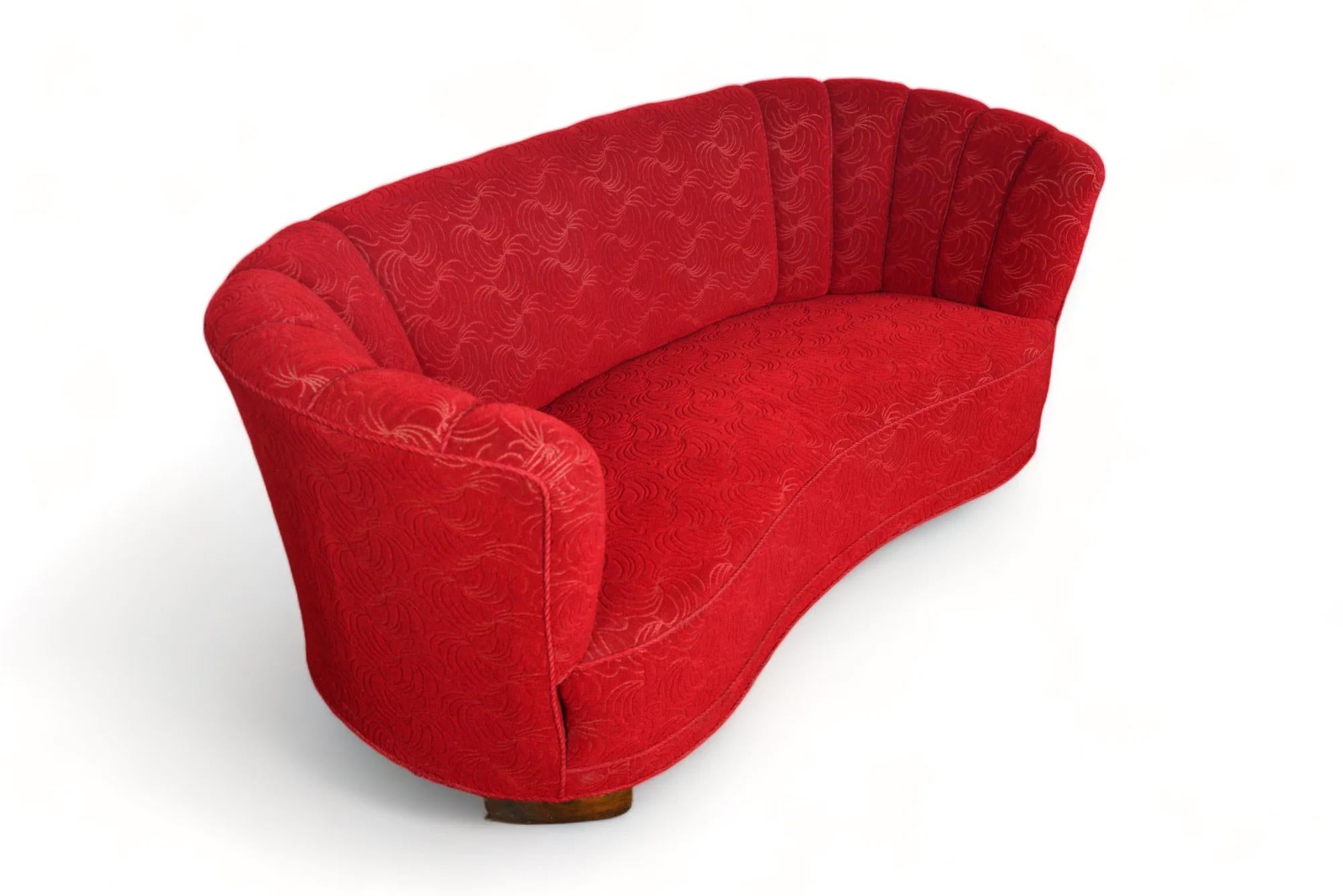 Danish 1940s Banana Sofa In Crimson Brocade Fabric For Sale