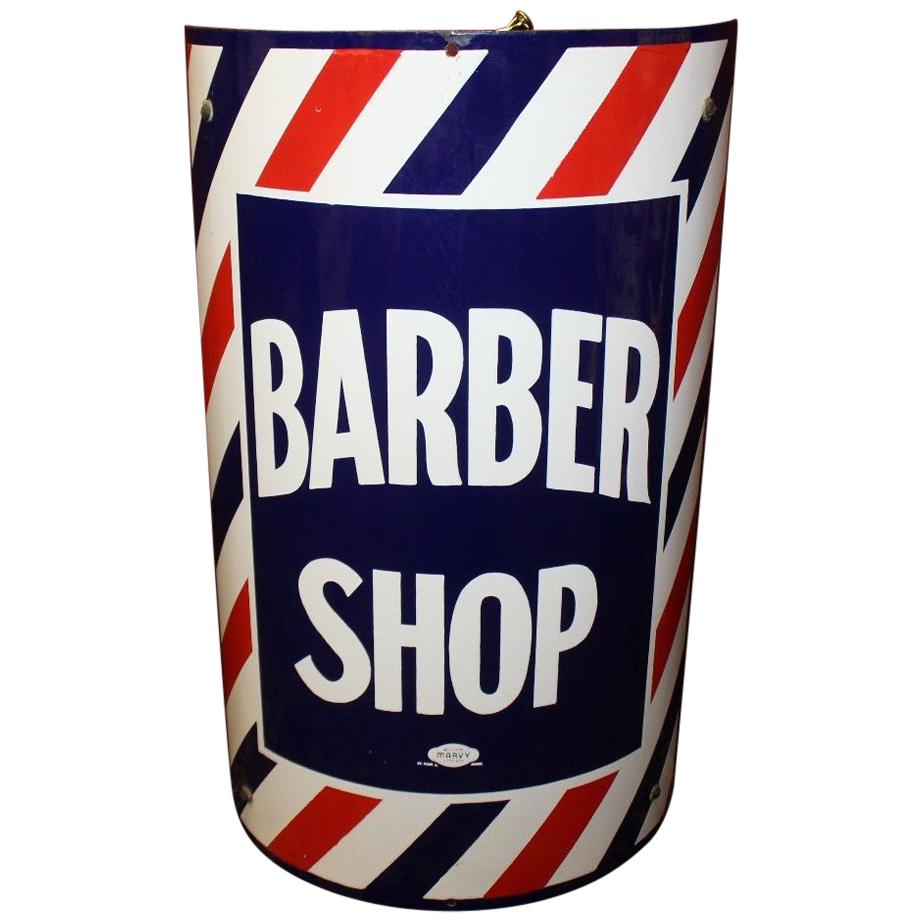 1940s BARBER SHOP Curved Marvy Porcelain Sign For Sale