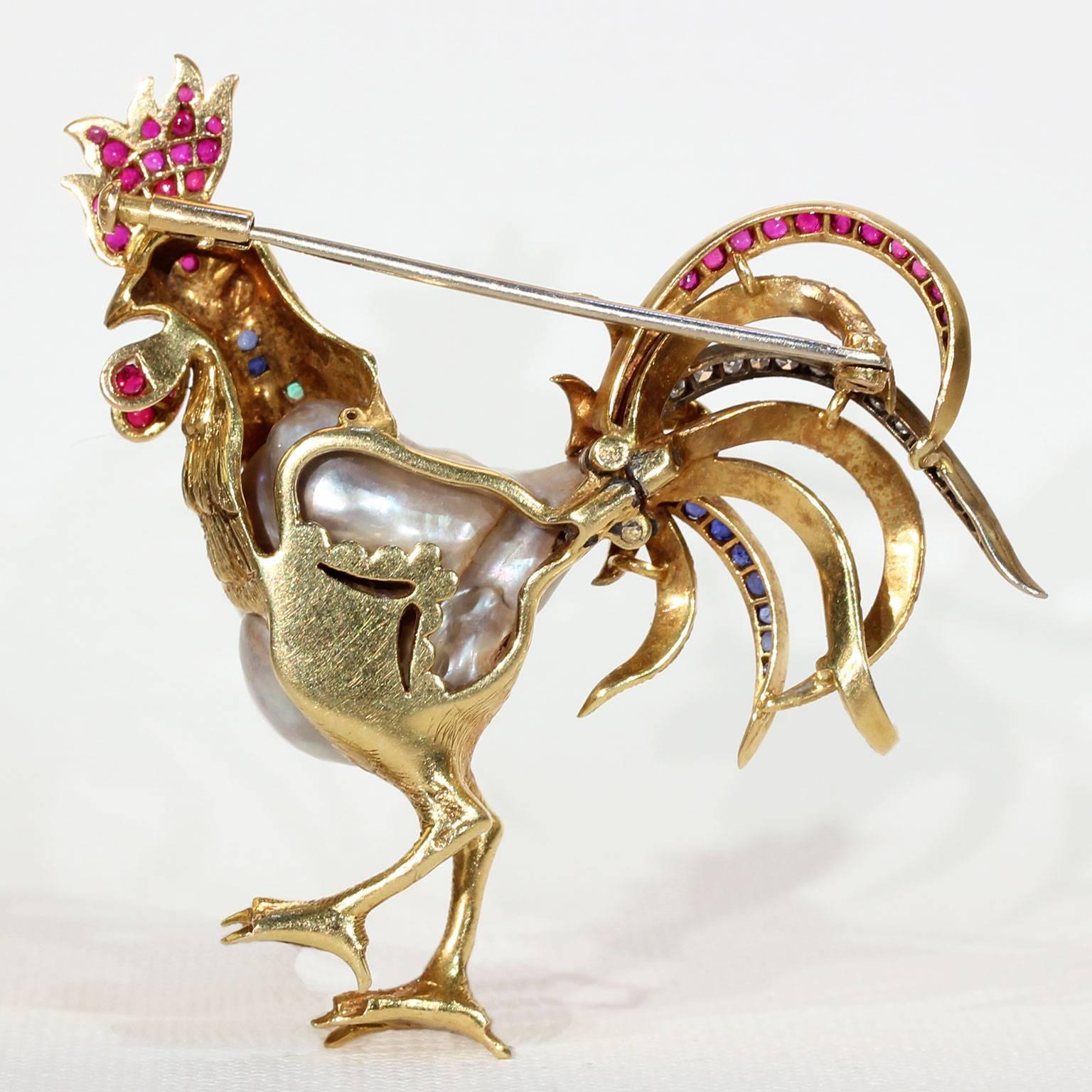 Retro 1940s Baroque Pearl and Gemstone Rooster Brooch in 18 Karat Gold For Sale