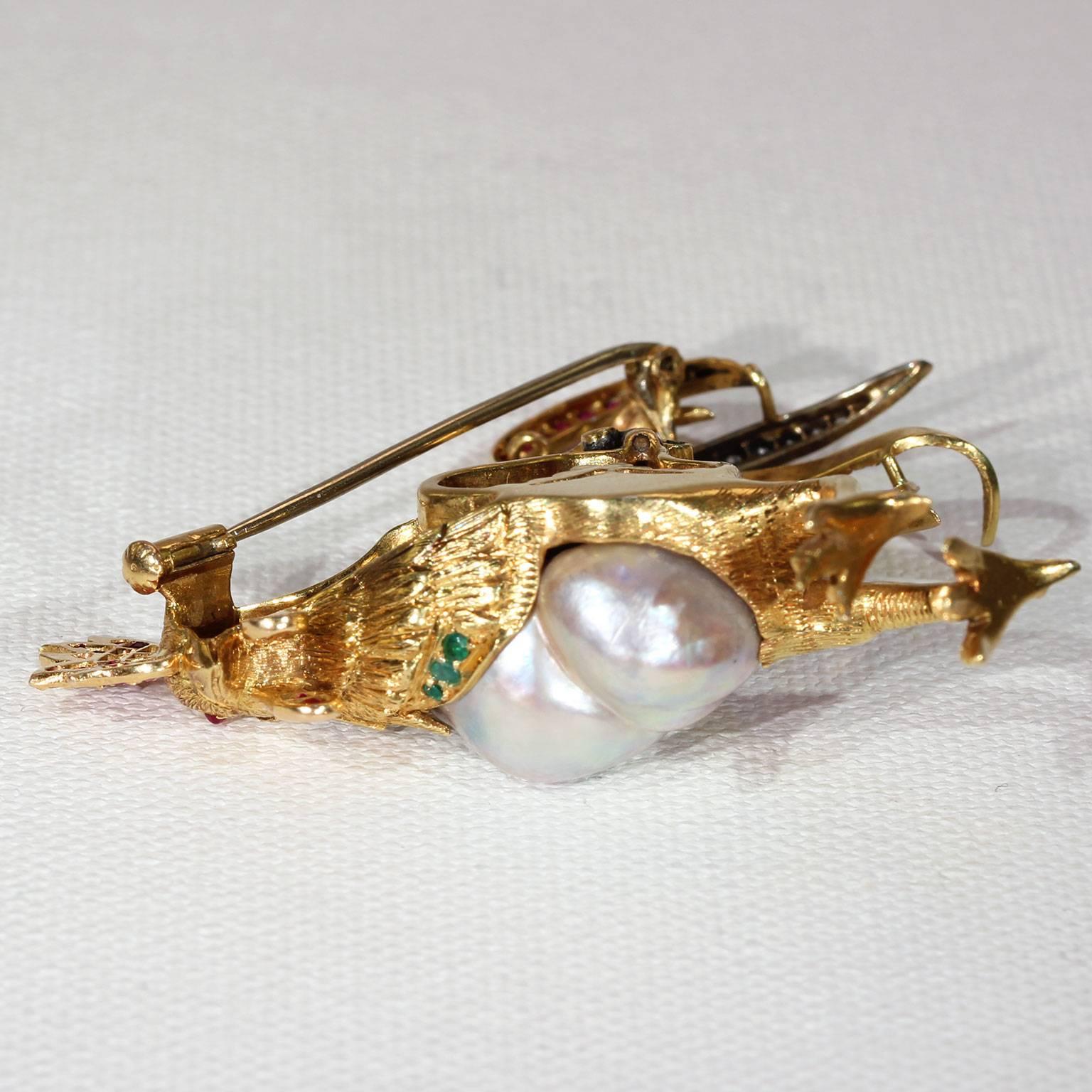 1940s Baroque Pearl and Gemstone Rooster Brooch in 18 Karat Gold In Excellent Condition For Sale In Middleton, WI