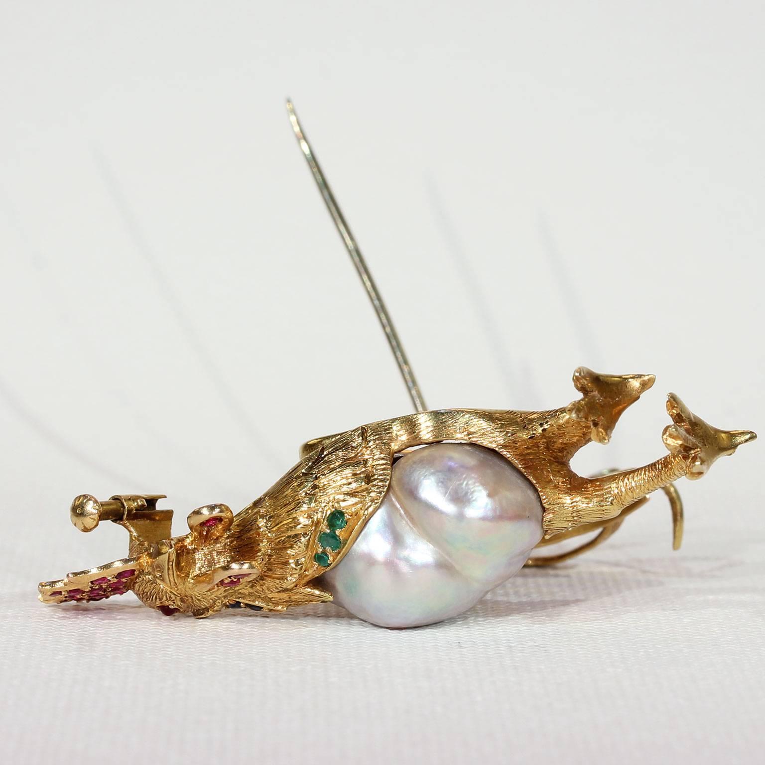 Women's or Men's 1940s Baroque Pearl and Gemstone Rooster Brooch in 18 Karat Gold For Sale