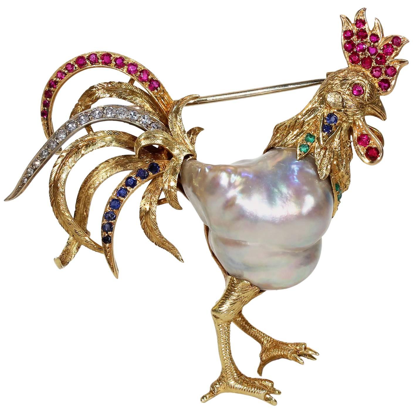 1940s Baroque Pearl and Gemstone Rooster Brooch in 18 Karat Gold For Sale