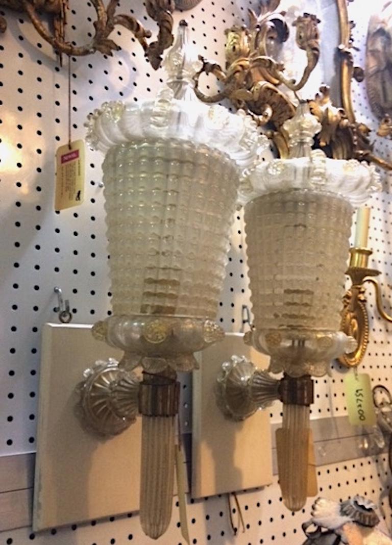 Pair of Barovier E Toso Mid-Century Venetian Murano Gold Glass Wall Lanterns In Good Condition In New York, NY