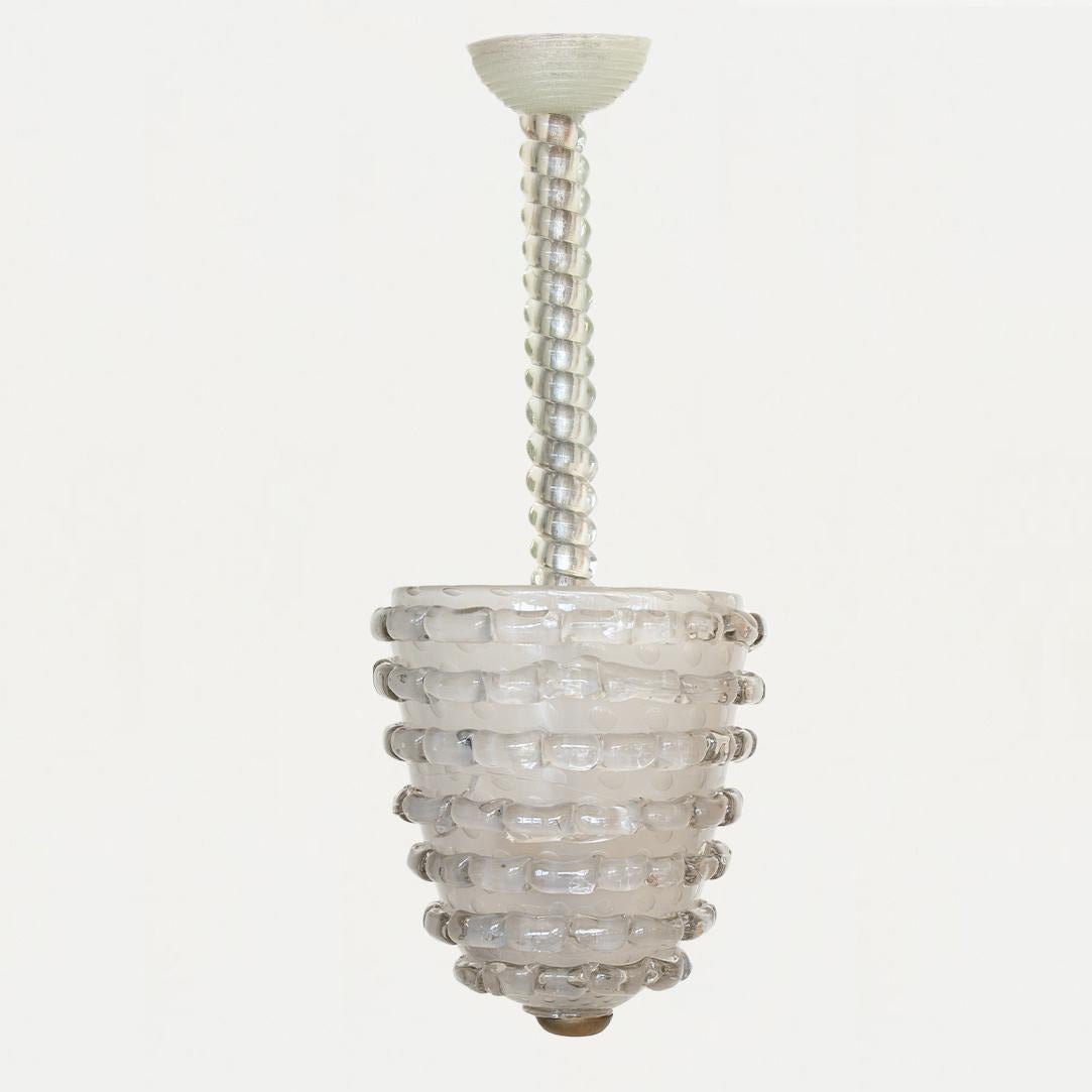 Stunning 1940's Barovier glass chandelier with semi-spherical dome shade, twisted glass stem and ribbed glass canopy. Light grey glass with thick bubbles pieces creating beautiful pattern. Newly re-wired with two interior sockets. Glass has some