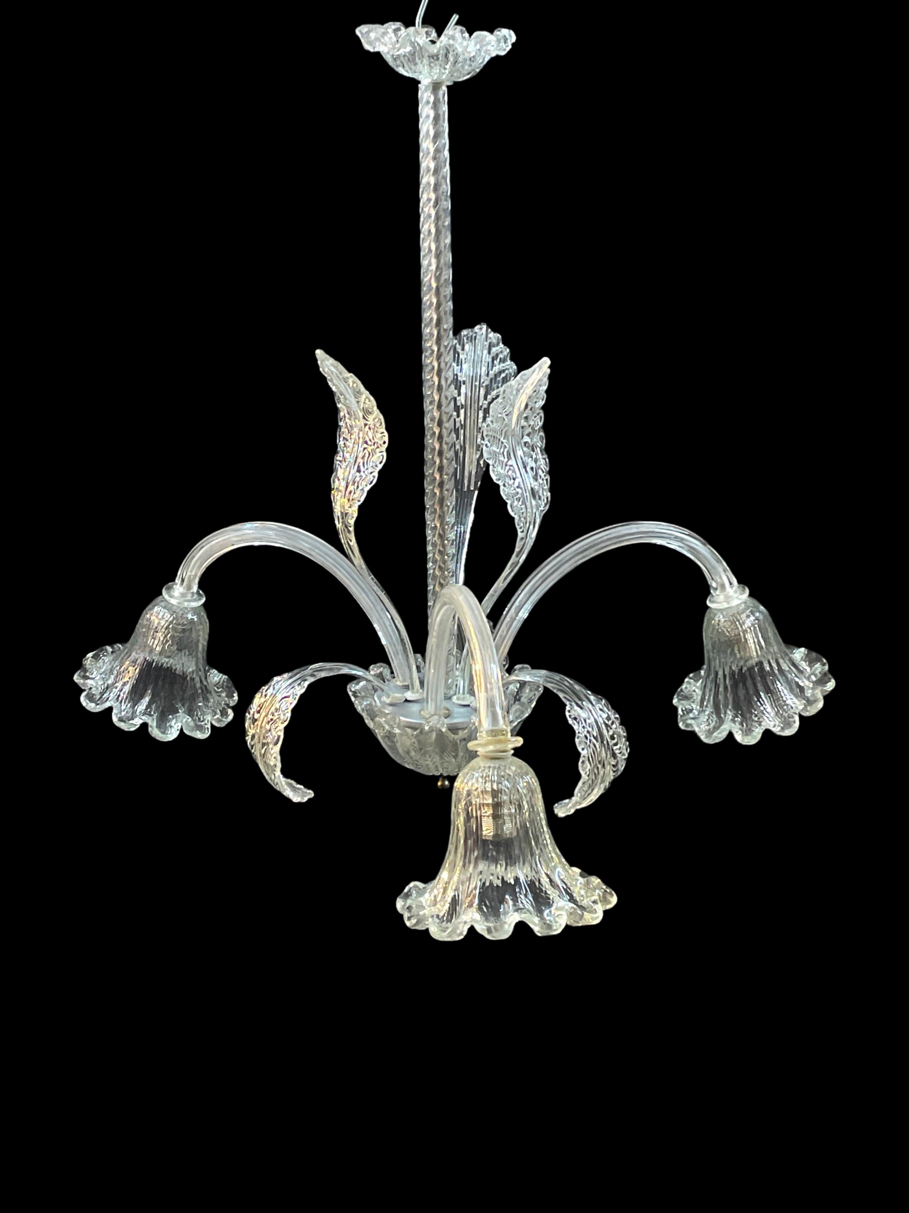 Italian 1940's Barovier & Toso 3 Arm Murano Glass Floral Pendant Light For Sale