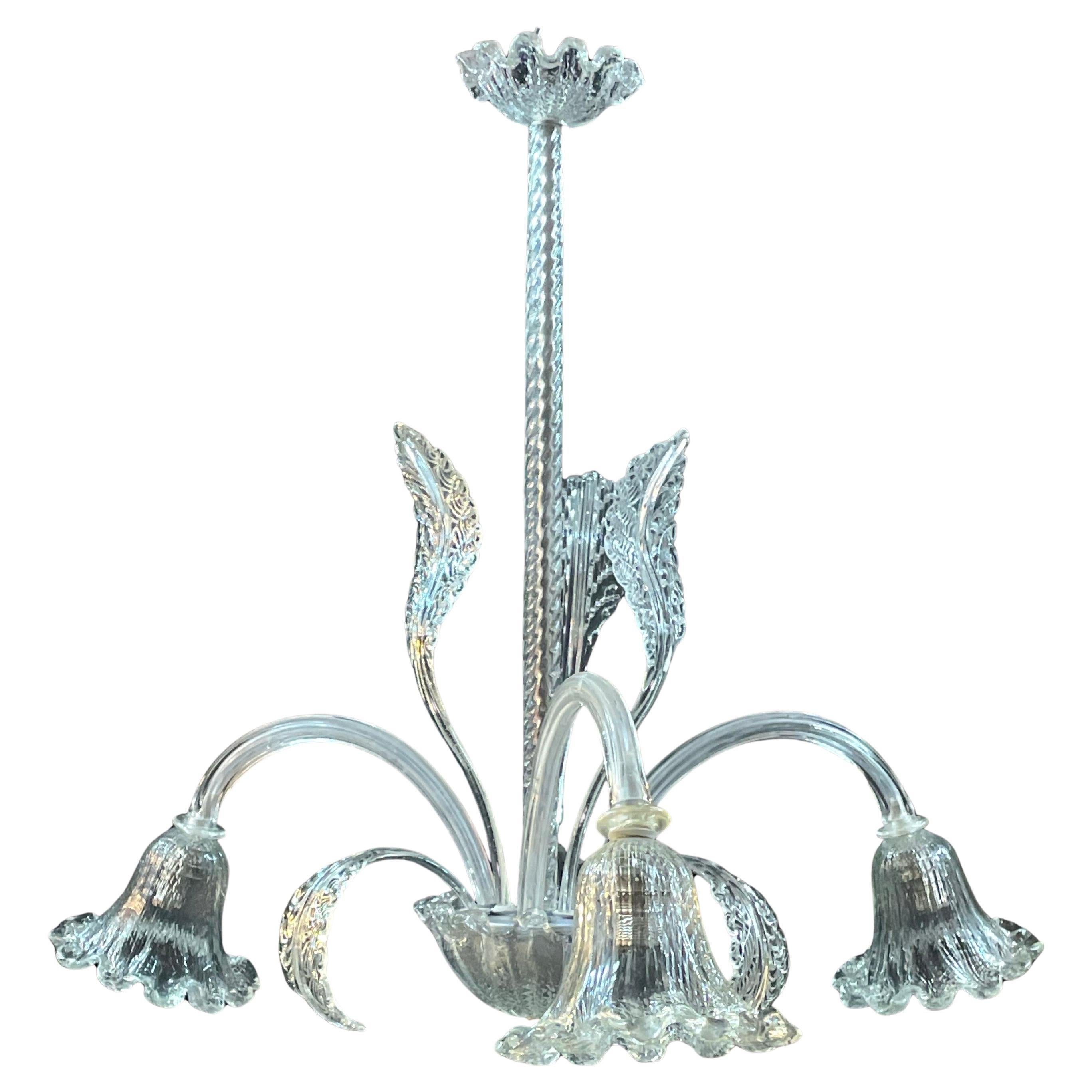 1940's Barovier & Toso 3 Arm Murano Glass Floral Pendant Light