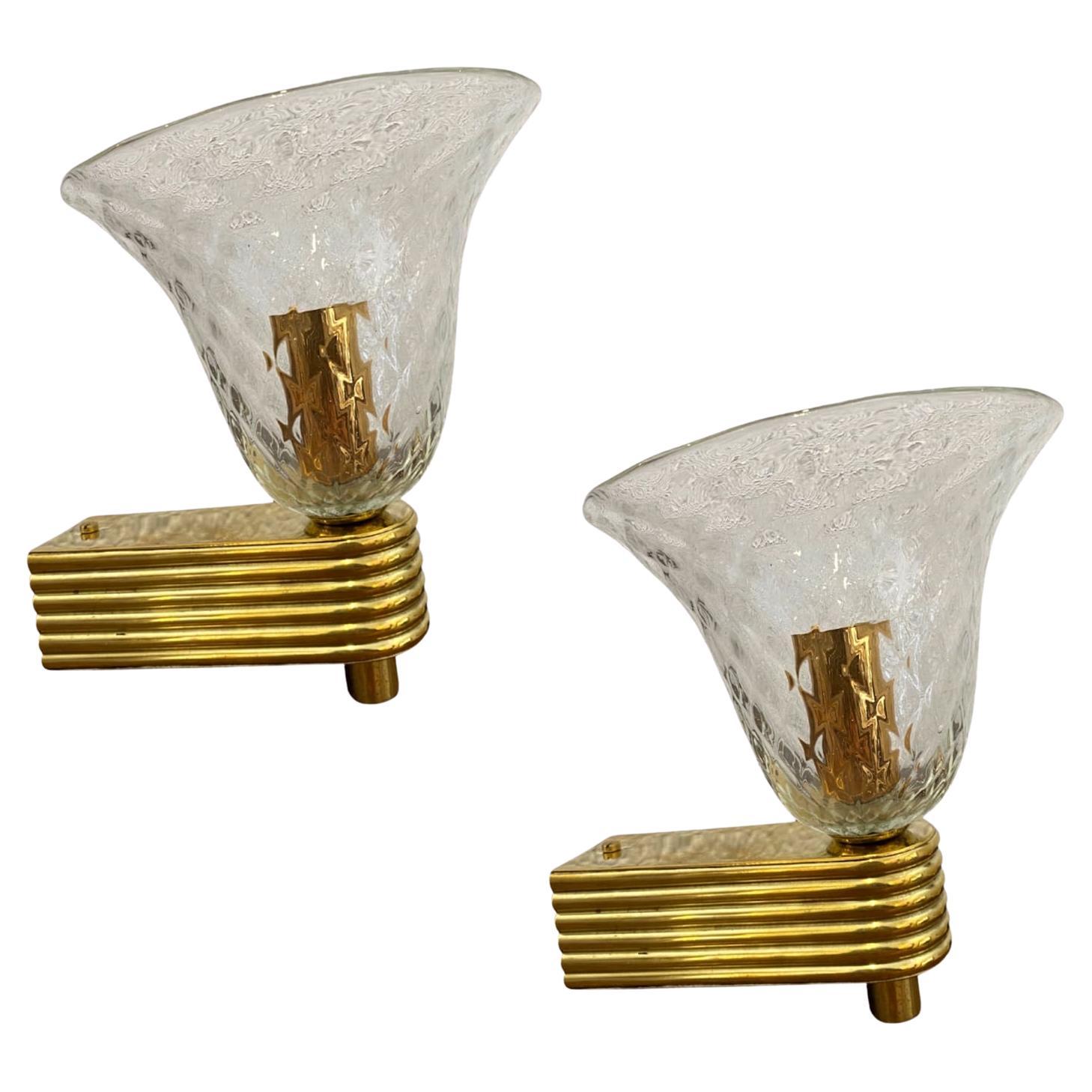 1940s Barovier & Toso Murano and Brass Sconces  For Sale