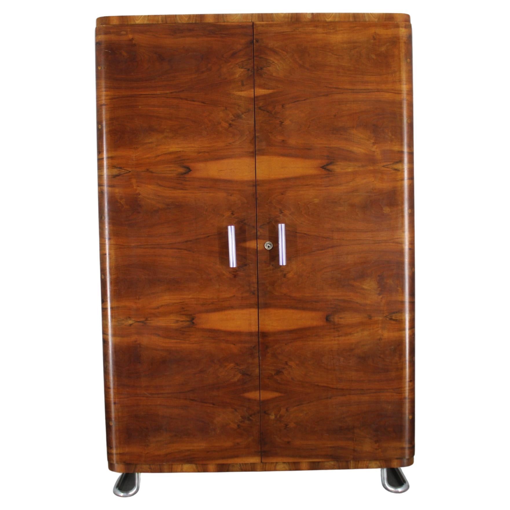 1940s Bauhaus Wardrobe by Hynek Gottwald , Walnut & Beech Veneer, Chrome Details