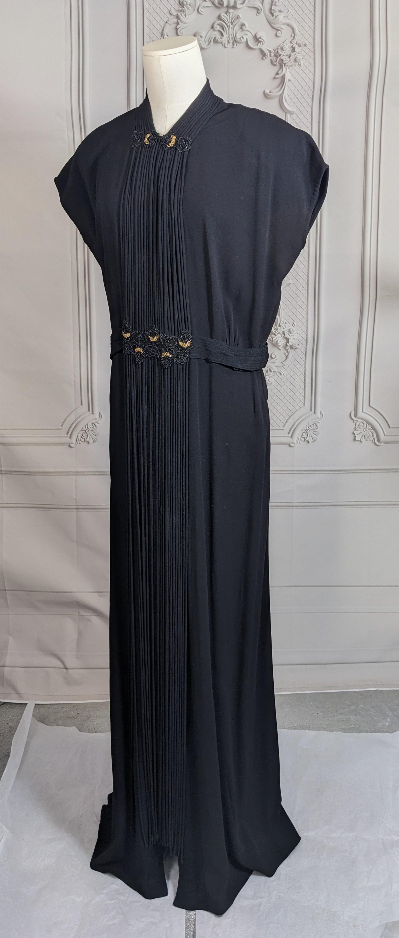 Black 1940's Beaded Crepe and Bias Rope Trimmed Gown For Sale