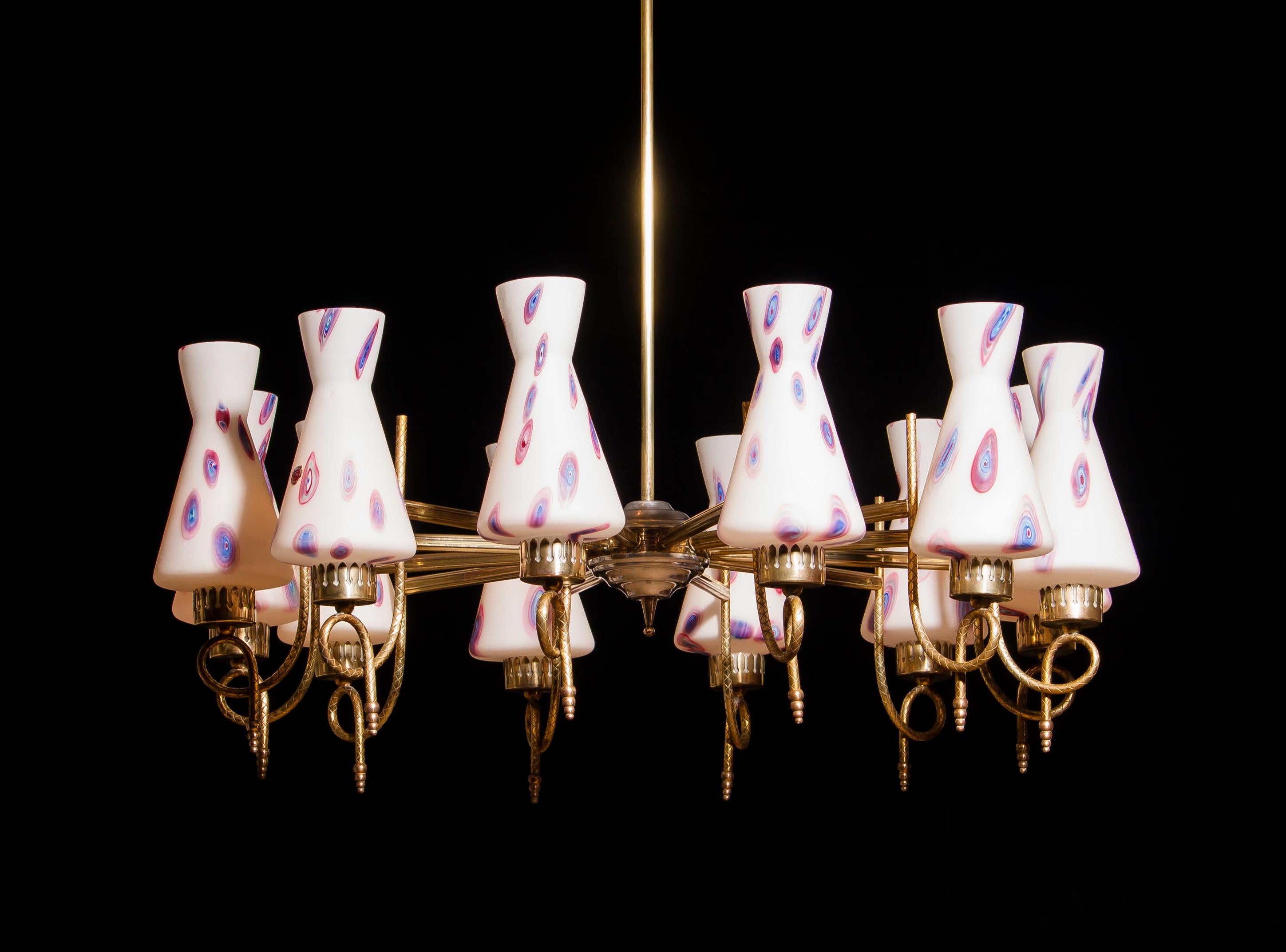 Italian 1940s Beautiful Large Brass and Multicolored Murano Venini Glass Chandelier