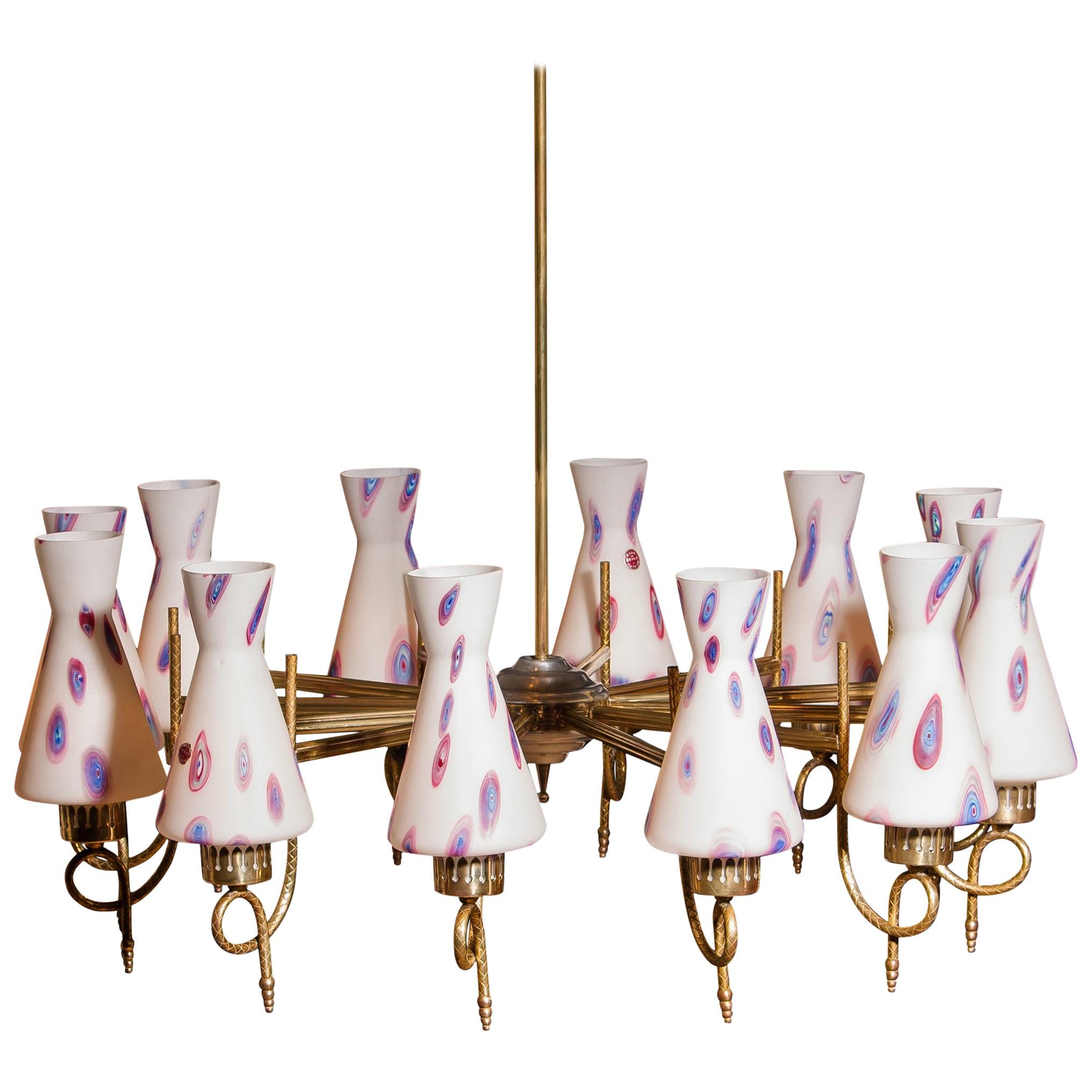 Italian 1940s Beautiful Large Brass and Multicolored Murano Venini Glass Chandelier