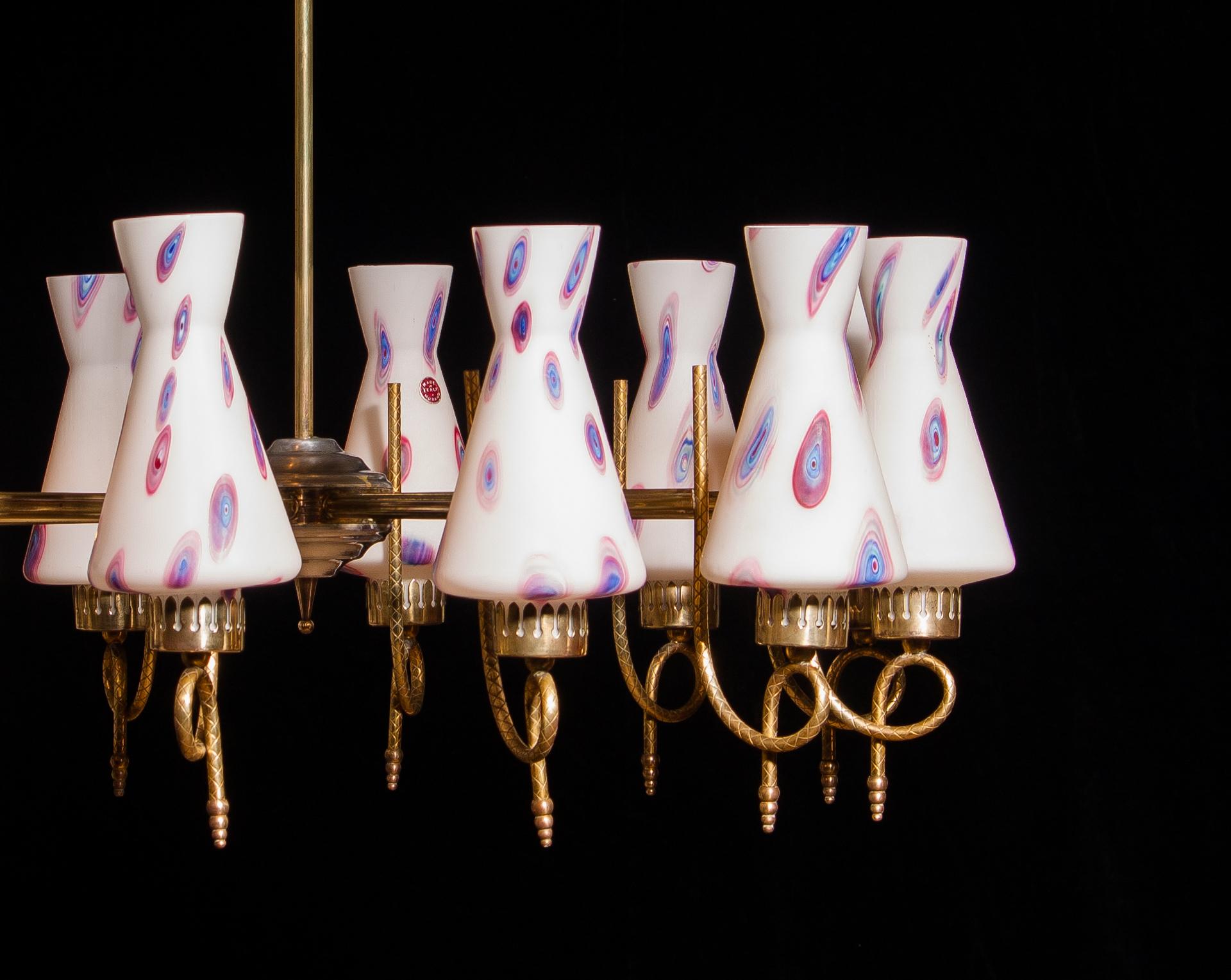 Mid-20th Century 1940s Beautiful Large Brass and Multicolored Murano Venini Glass Chandelier