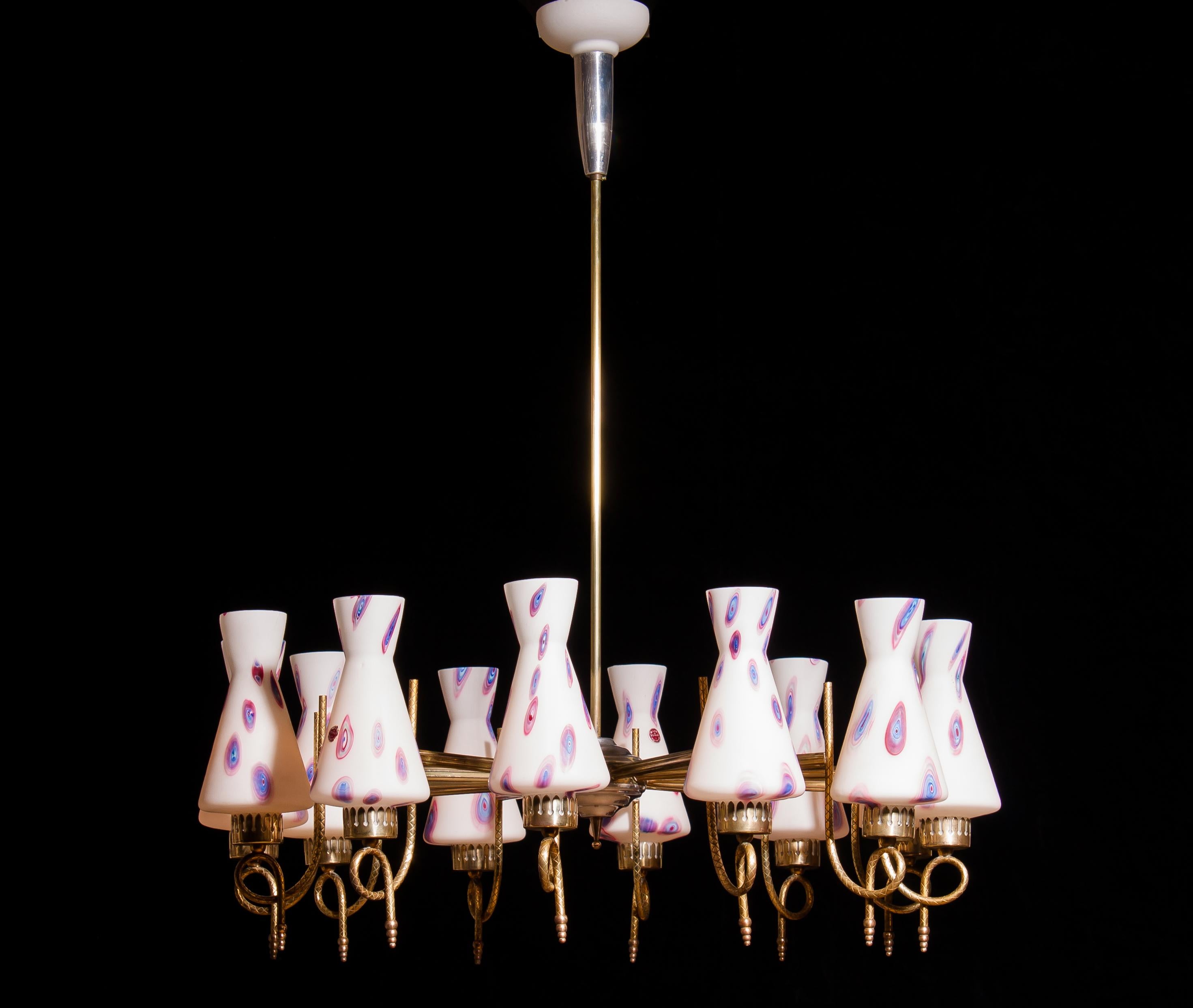 1940s Beautiful Large Brass and Multicolored Murano Venini Glass Chandelier 1