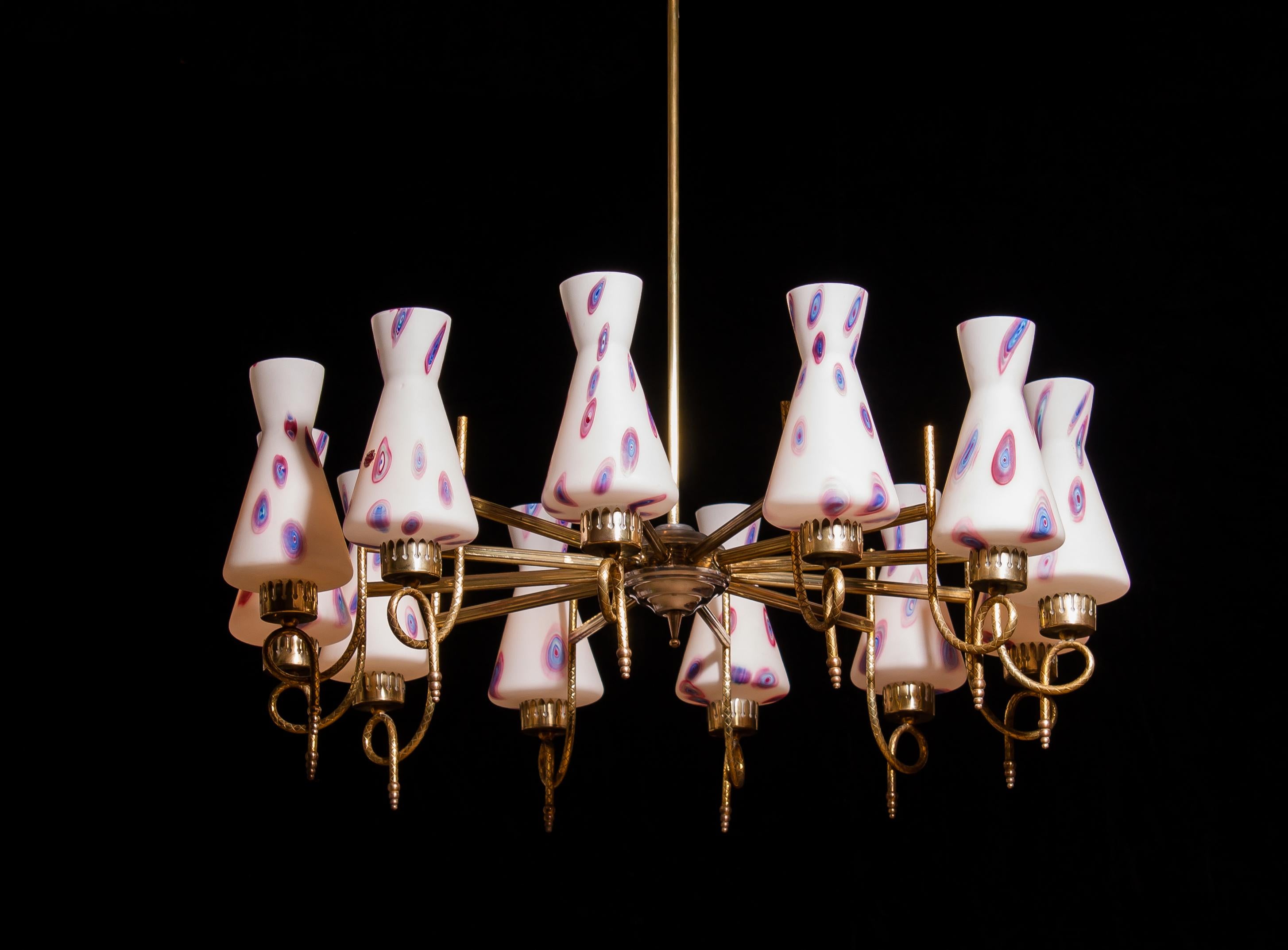 1940s Beautiful Large Brass and Multicolored Murano Venini Glass Chandelier 2