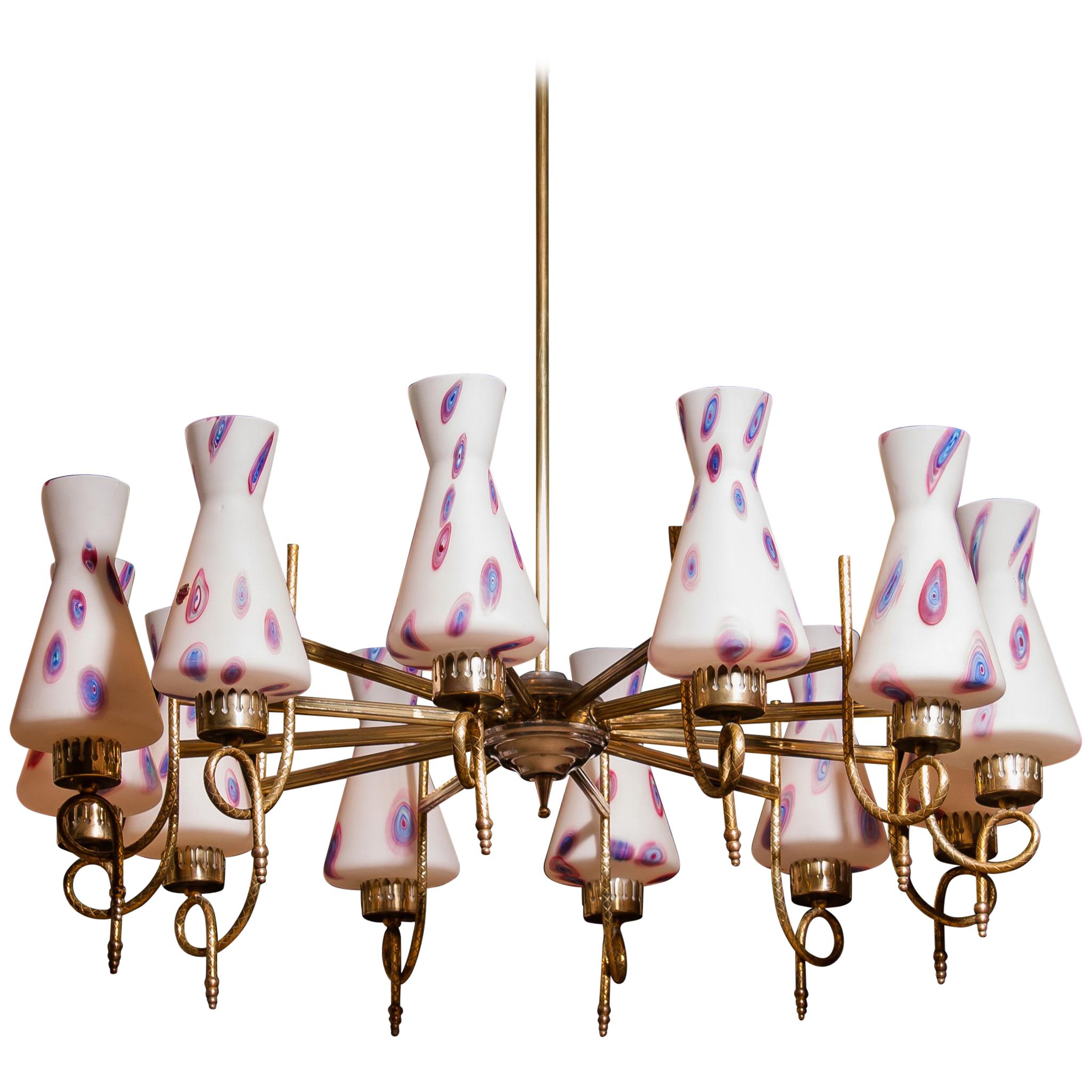 1940s Beautiful Large Brass and Multicolored Murano Venini Glass Chandelier