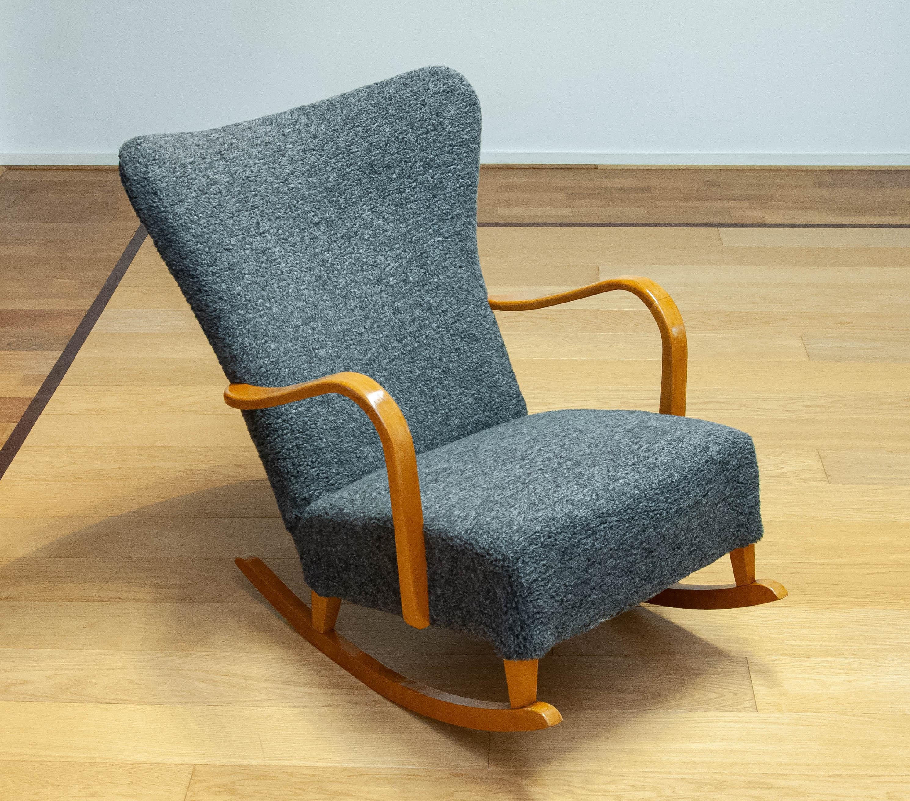 Mid-Century Modern 1940s, Beech and Bouclé Rocking Chair , Sweden For Sale